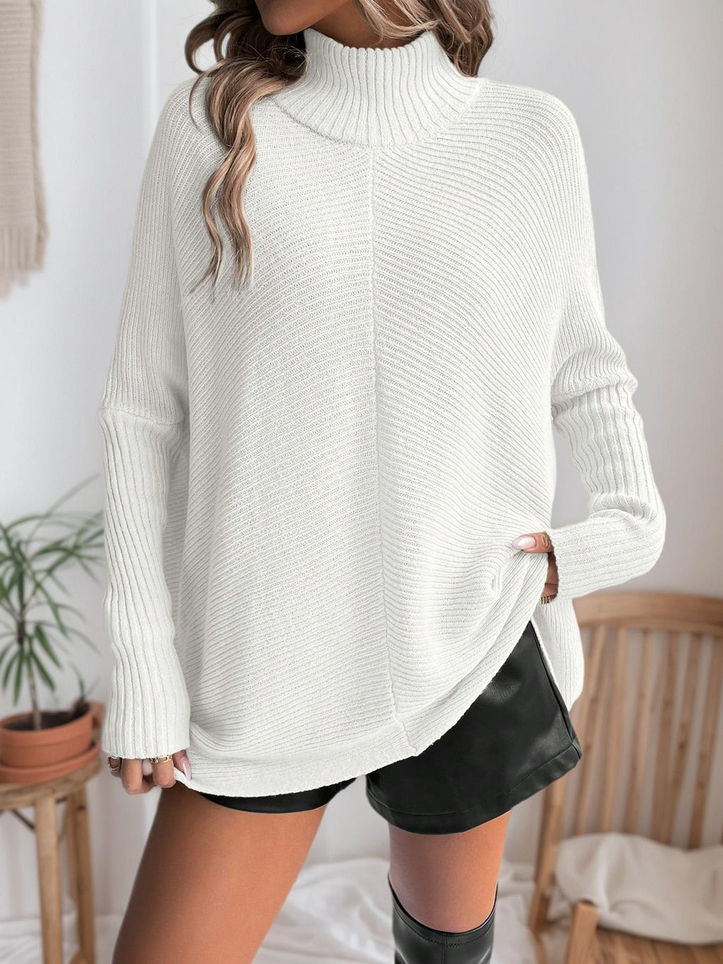 Cakulo FallFreshness Women's White High-Neck Bat-Sleeve Knitted Sweater Elegant Everyday Knitwear Tops for Casual Outings & Home Relaxation - Elegance