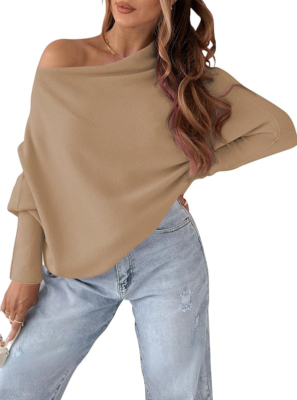 Cakulo Womens Off - The - Shoulder Lightweight Oversized Knit Pullover, Ideal for Fall Looks