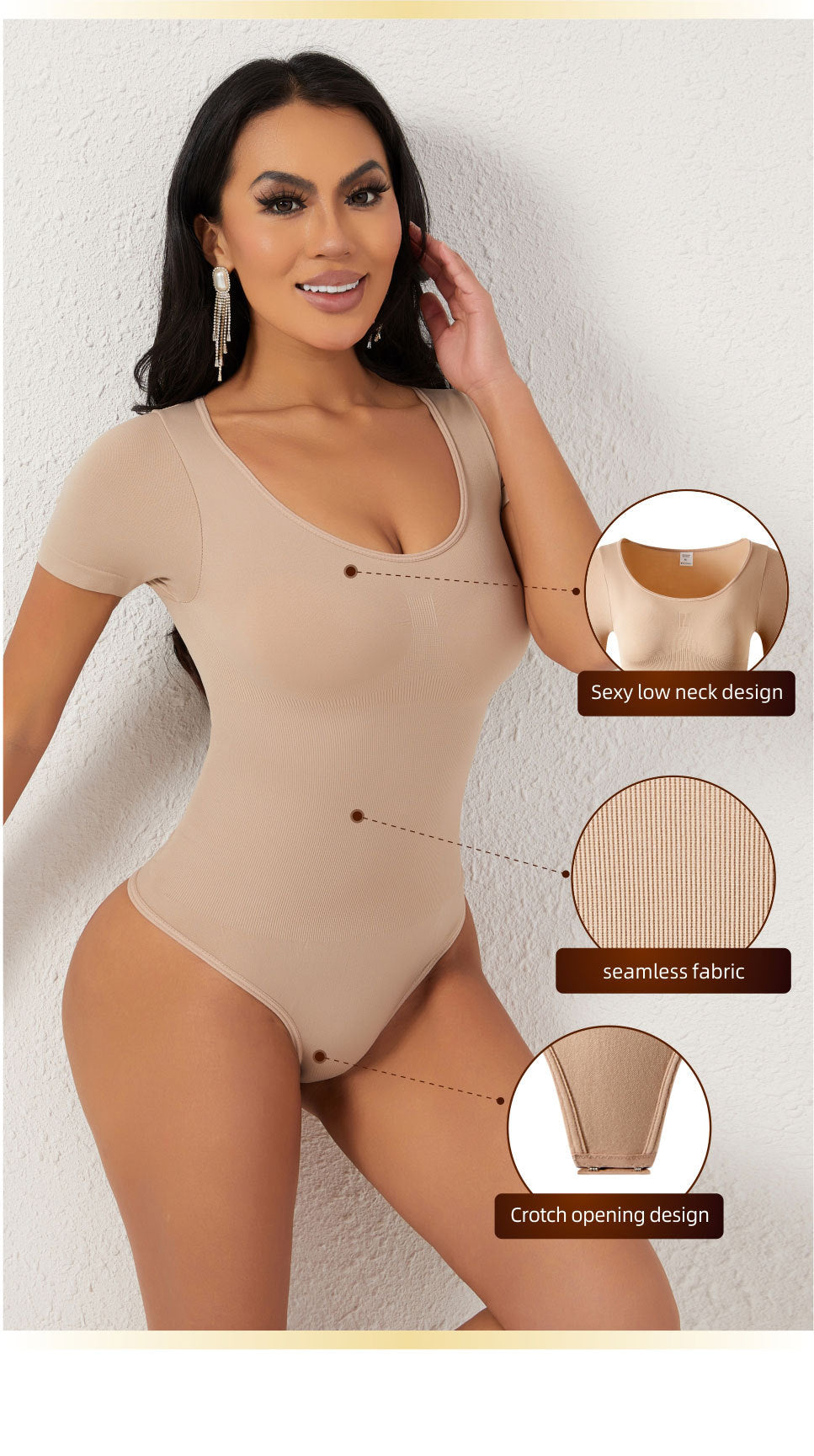 Cakulo Butt-Lifting Waist-Cinching Seamless Short-Sleeve Thong Shapewear Bodysuit