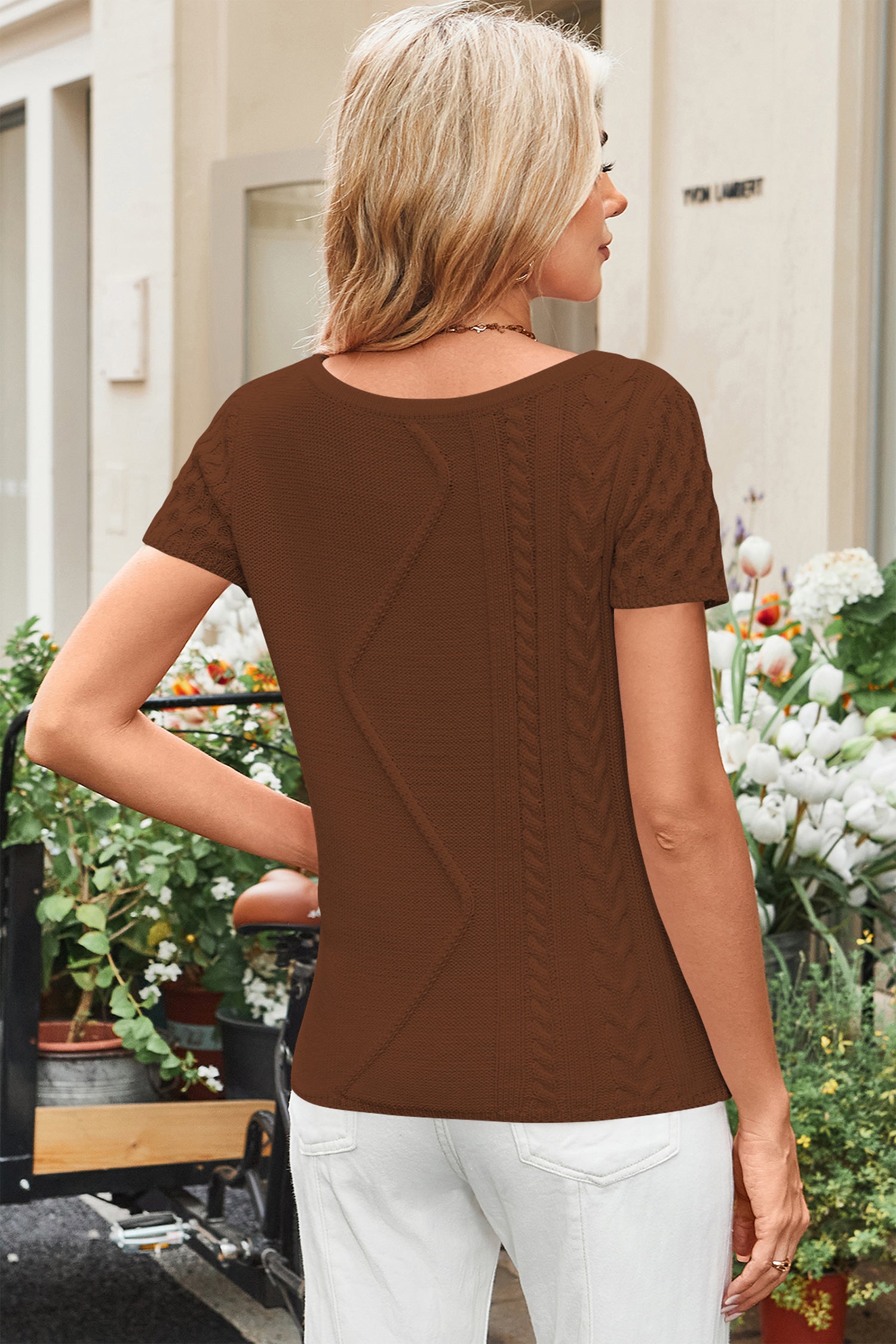Cakulo Womens Cable Knit Off The Shoulder Sweaters Tops Short Sleeve Crew Neck Pullover Sweater