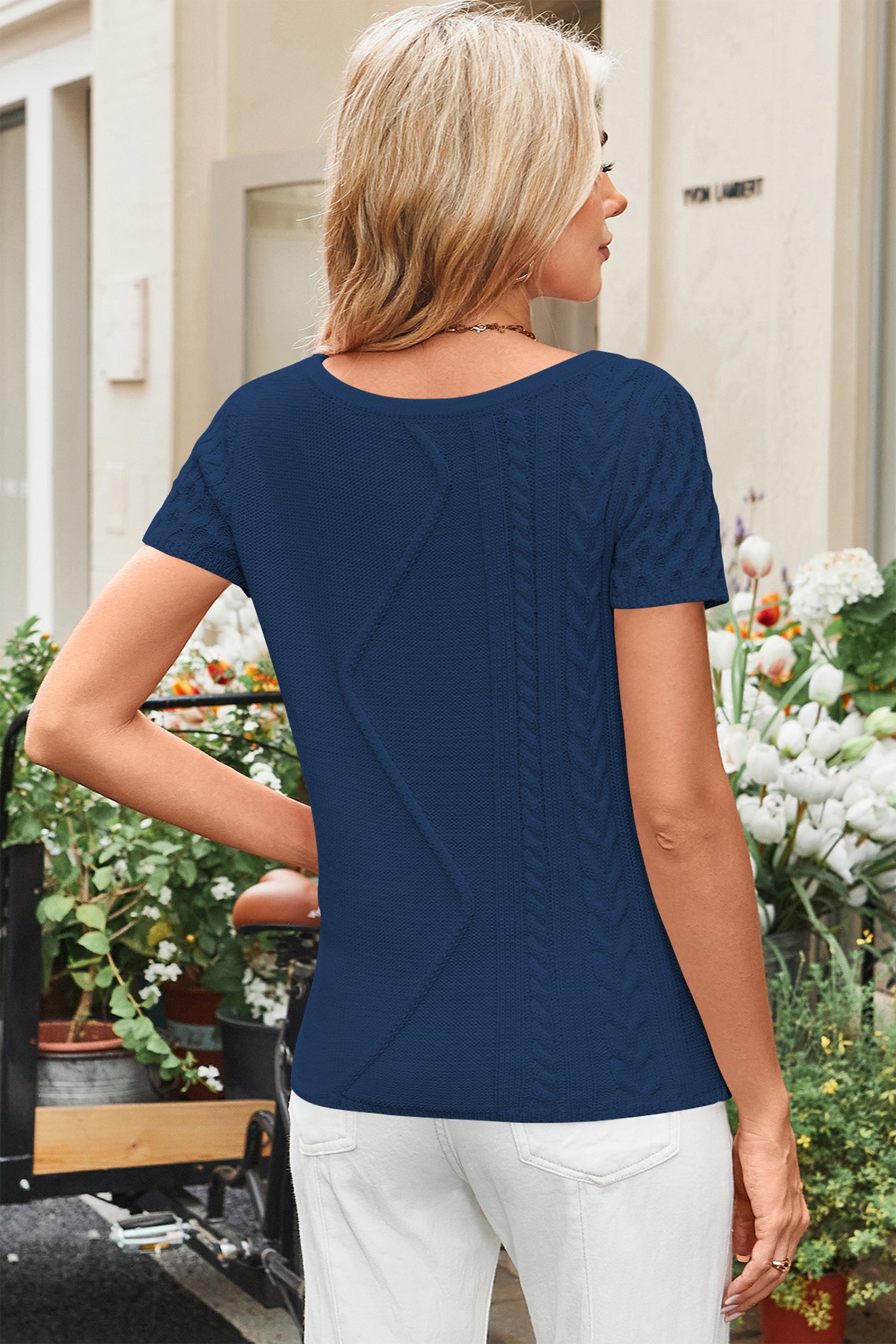 Cakulo Womens Cable Knit Off The Shoulder Sweaters Tops Short Sleeve Crew Neck Pullover Sweater