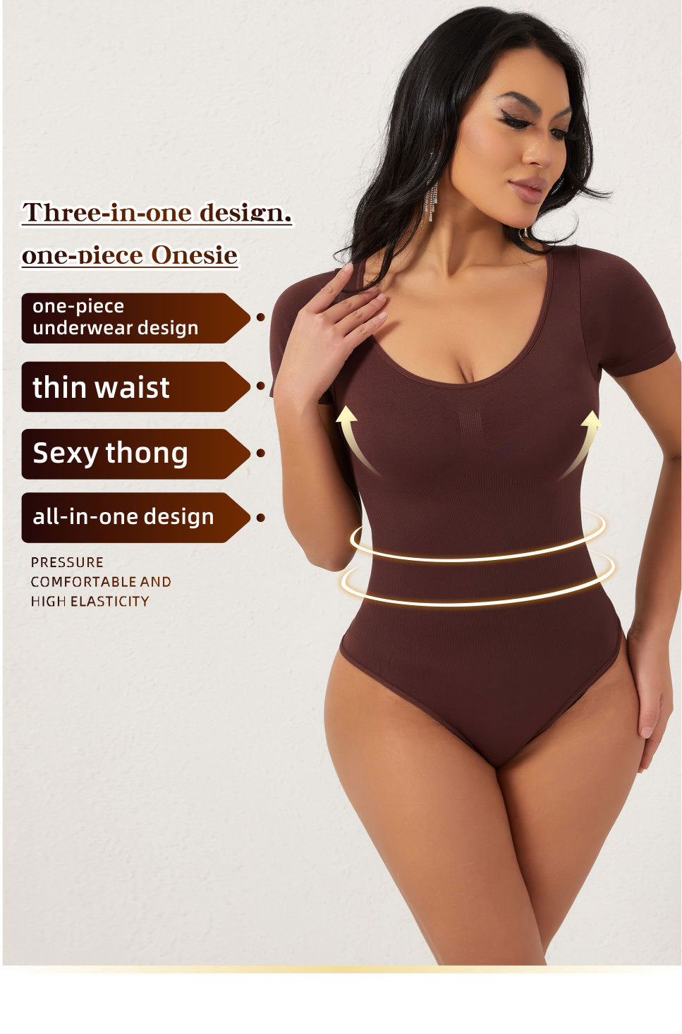 Cakulo Butt-Lifting Waist-Cinching Seamless Short-Sleeve Thong Shapewear Bodysuit