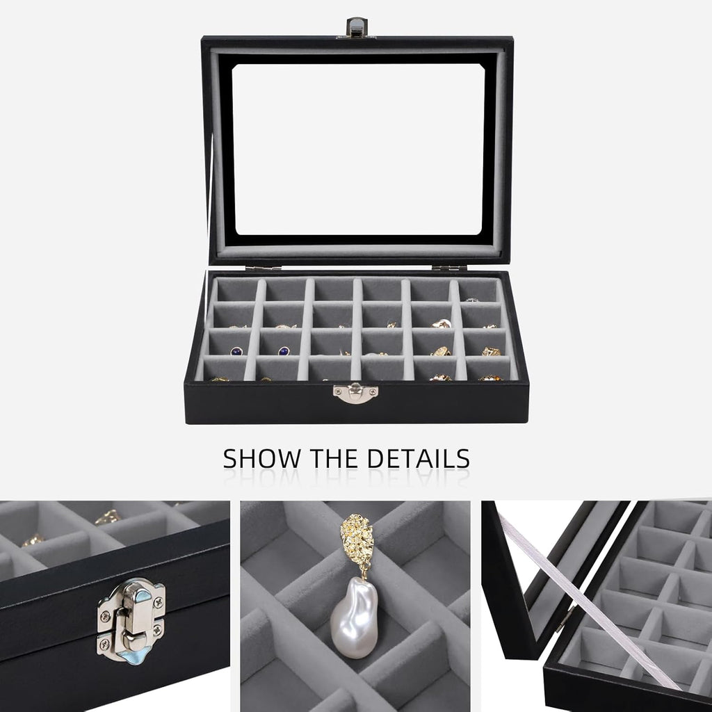 Cakulo 24 - Grid Jewelry Organizer Velvet Tray with Clear Lid Ring Earring Storage