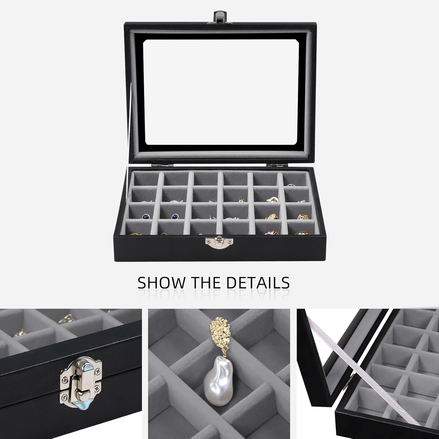 Cakulo 24 - Grid Jewelry Organizer Velvet Tray with Clear Lid Ring Earring Storage