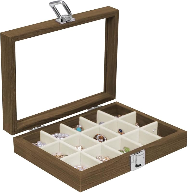 Cakulo Wood Ring Box Glass Lid Metal Clasp Velvet Lining – Jewelry Storage Display Tray