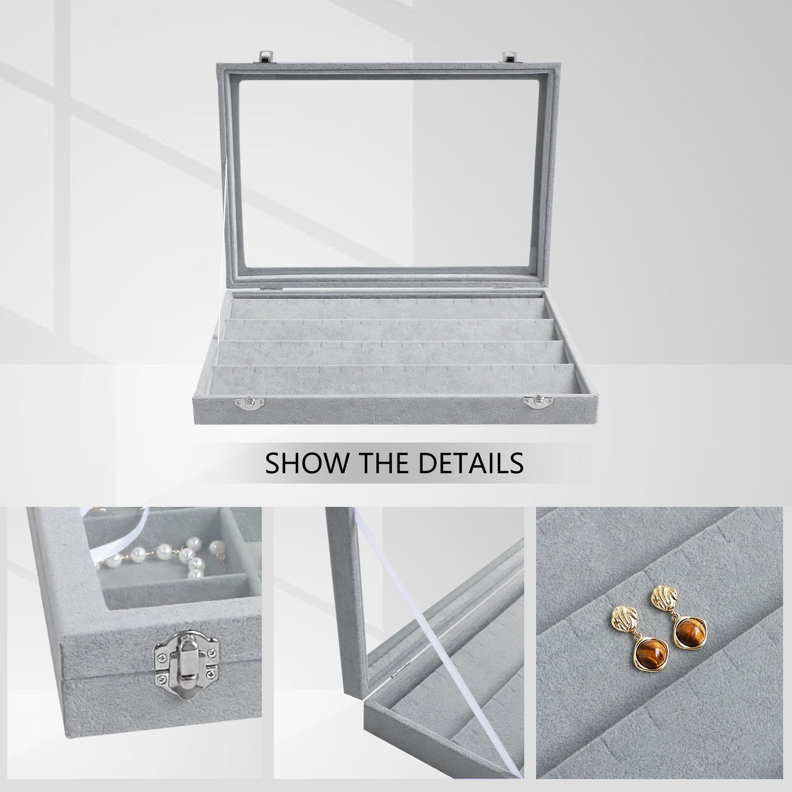 Cakulo Velvet Jewelry Organizer Tray with Clear Lid Stores Bracelets Rings Earrings