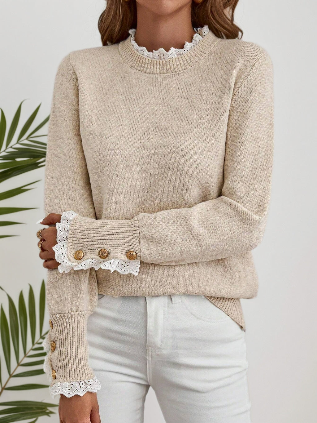 Cakulo FallFreshness Women's Round Neck Long Sleeve Knitted Sweater with Lace Trim Autumn Winter Top Beige Color Polyester Material