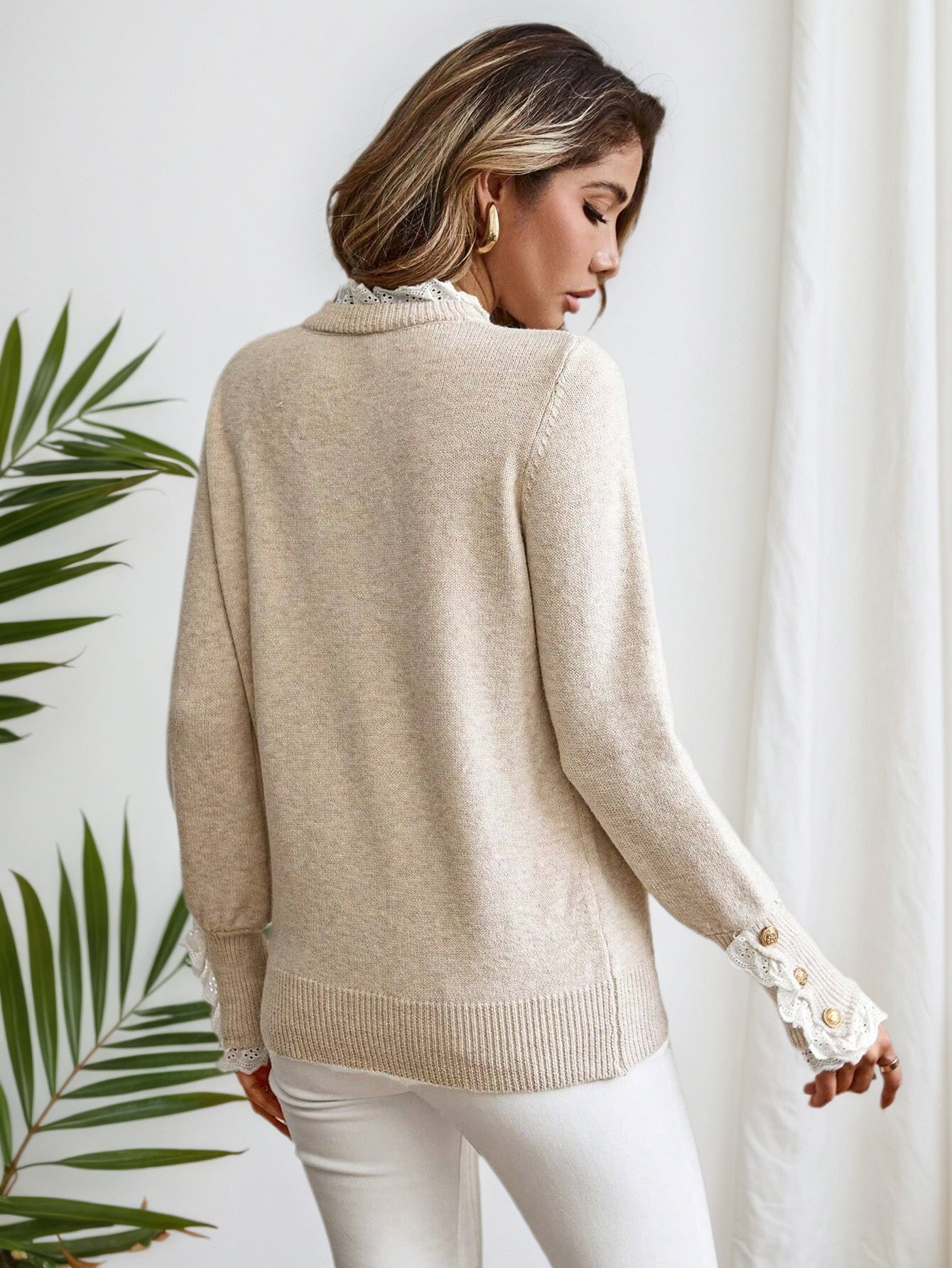 Cakulo FallFreshness Women's Round Neck Long Sleeve Knitted Sweater with Lace Trim Autumn Winter Top Beige Color Polyester Material