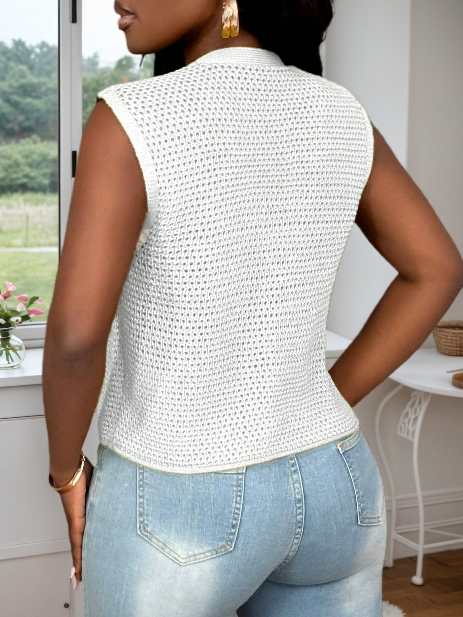 Cakulo FallFreshness Women's Casual Sexy Mesh Cardigan with Metal Large Button V-Neck Sweater Vest Chic Everyday Fashion Knitwear Love Tops