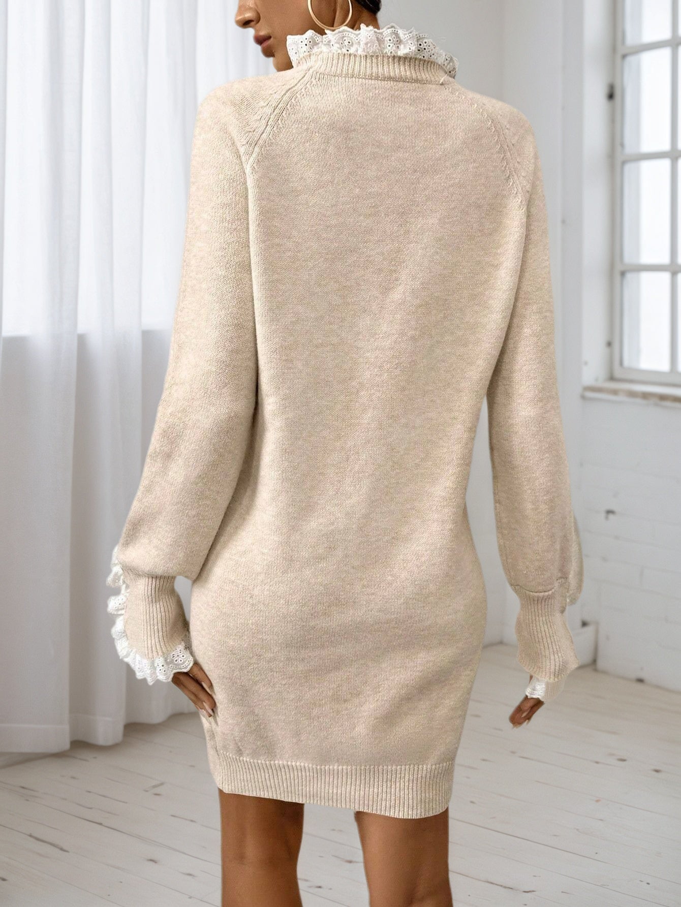 Cakulo FallFreshness Women's Beige Floral Lace-Trimmed Long-Sleeved Sweater Mini Dress - Everyday Feminine Basic Minimalist Piece