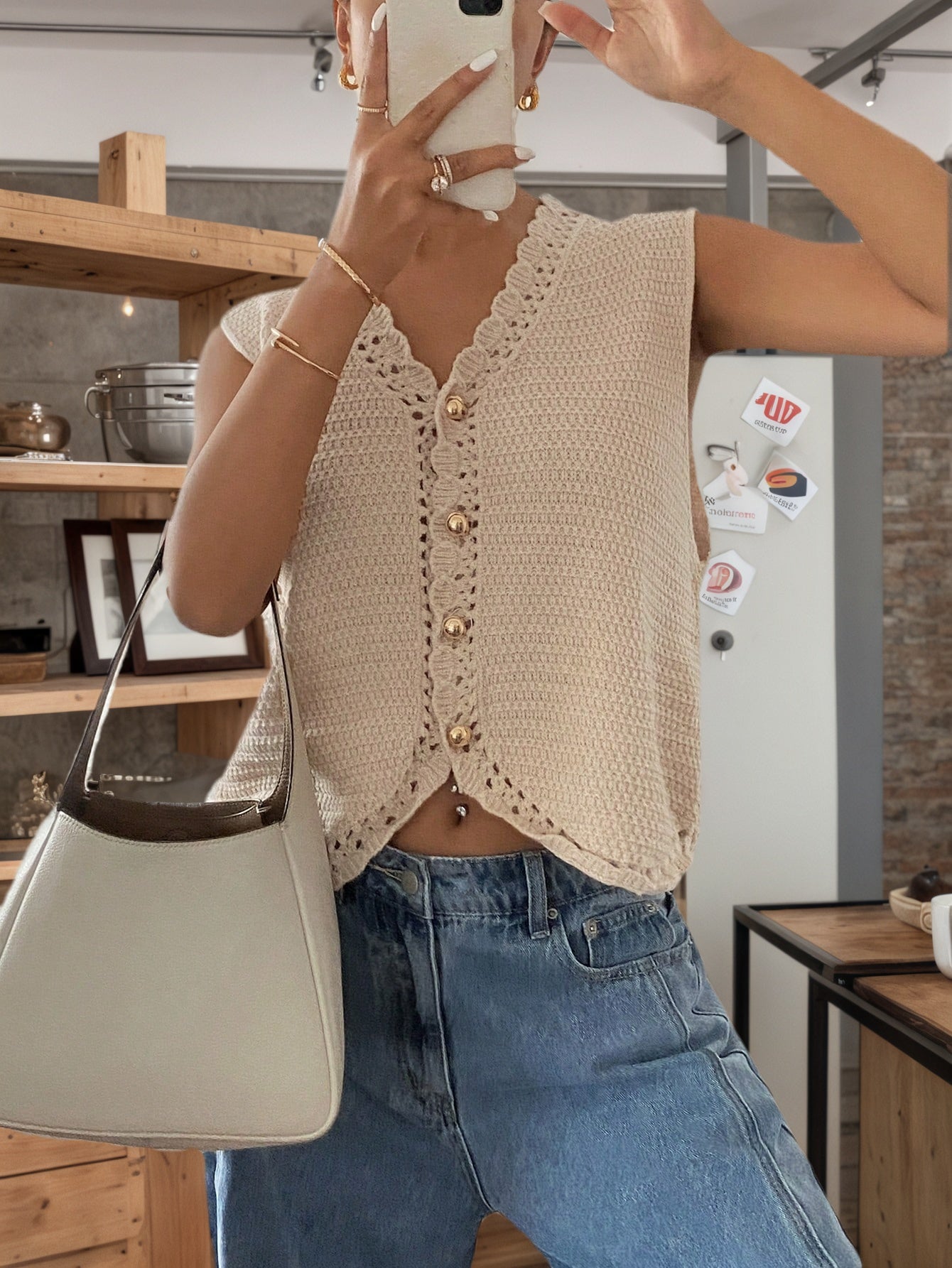 Cakulo FallFreshness Women's Apricot Color Knitted Vest Single Breasted V Neck Casual Wear for Spring Summer Tops Womenswear Outfits Button Fitted