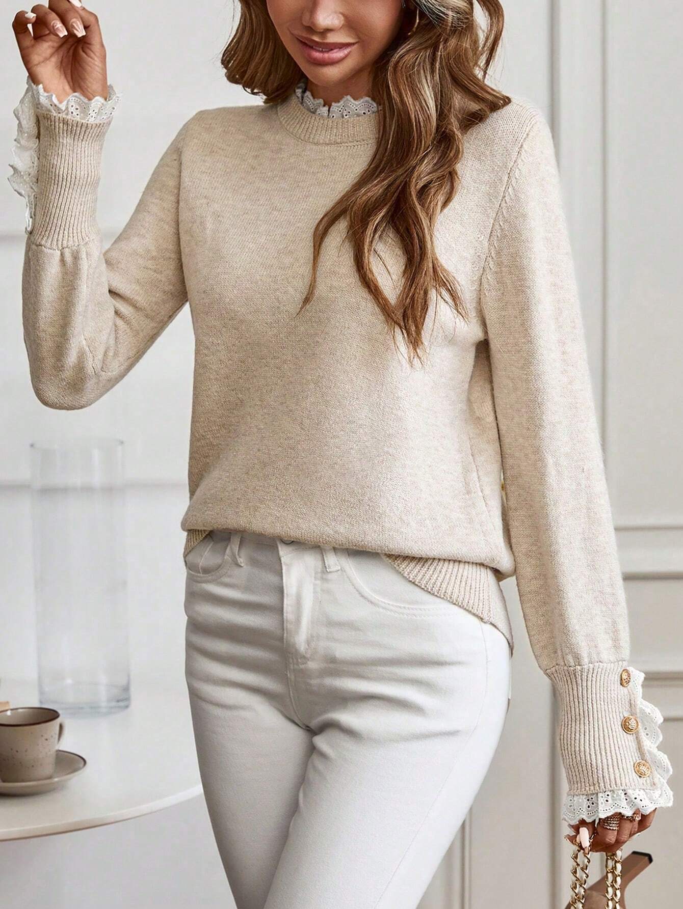 Cakulo FallFreshness Women's Round Neck Long Sleeve Knitted Sweater with Lace Trim Autumn Winter Top Beige Color Polyester Material