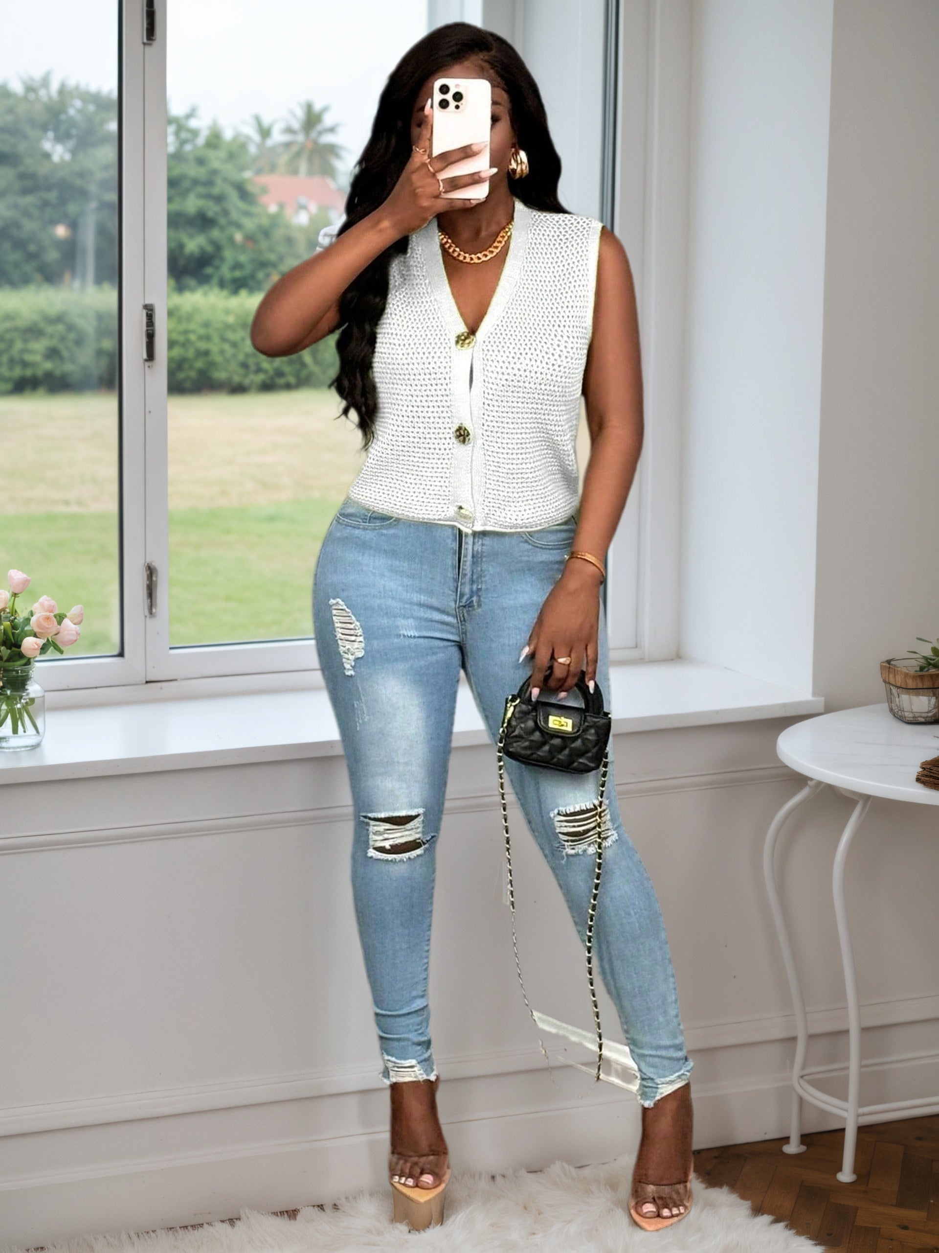 Cakulo FallFreshness Women's Casual Sexy Mesh Cardigan with Metal Large Button V-Neck Sweater Vest Chic Everyday Fashion Knitwear Love Tops