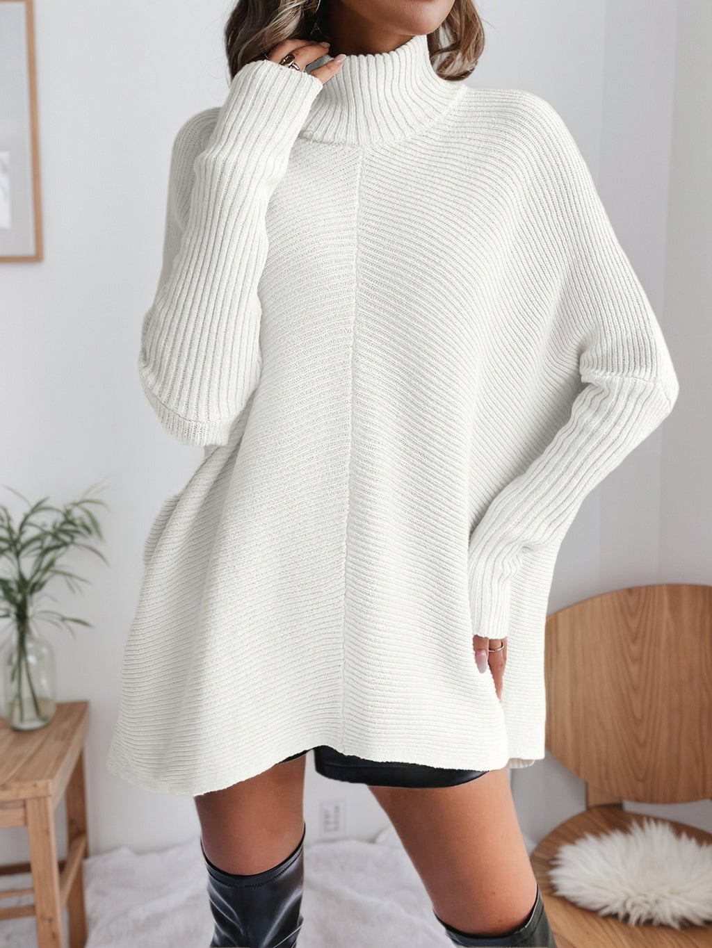Cakulo FallFreshness Women's White High-Neck Bat-Sleeve Knitted Sweater Elegant Everyday Knitwear Tops for Casual Outings & Home Relaxation - Elegance