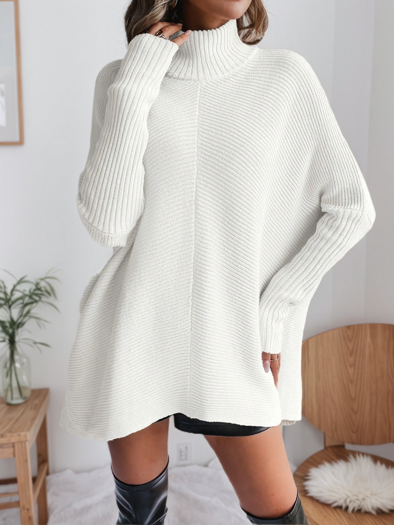 Cakulo FallFreshness Women's White High-Neck Bat-Sleeve Knitted Sweater Elegant Everyday Knitwear Tops for Casual Outings & Home Relaxation - Elegance