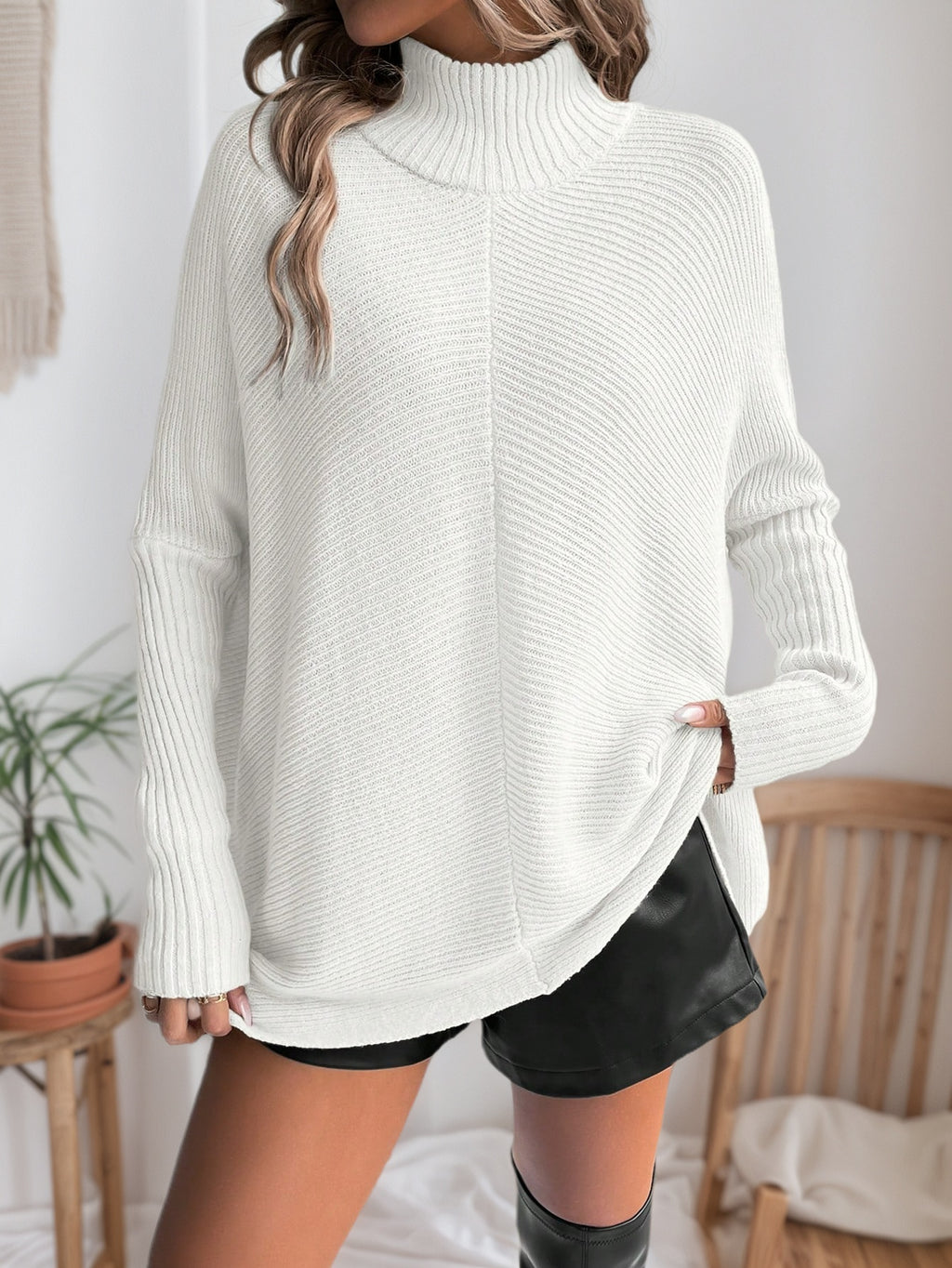 Cakulo FallFreshness Women's White High-Neck Bat-Sleeve Knitted Sweater Elegant Everyday Knitwear Tops for Casual Outings & Home Relaxation - Elegance