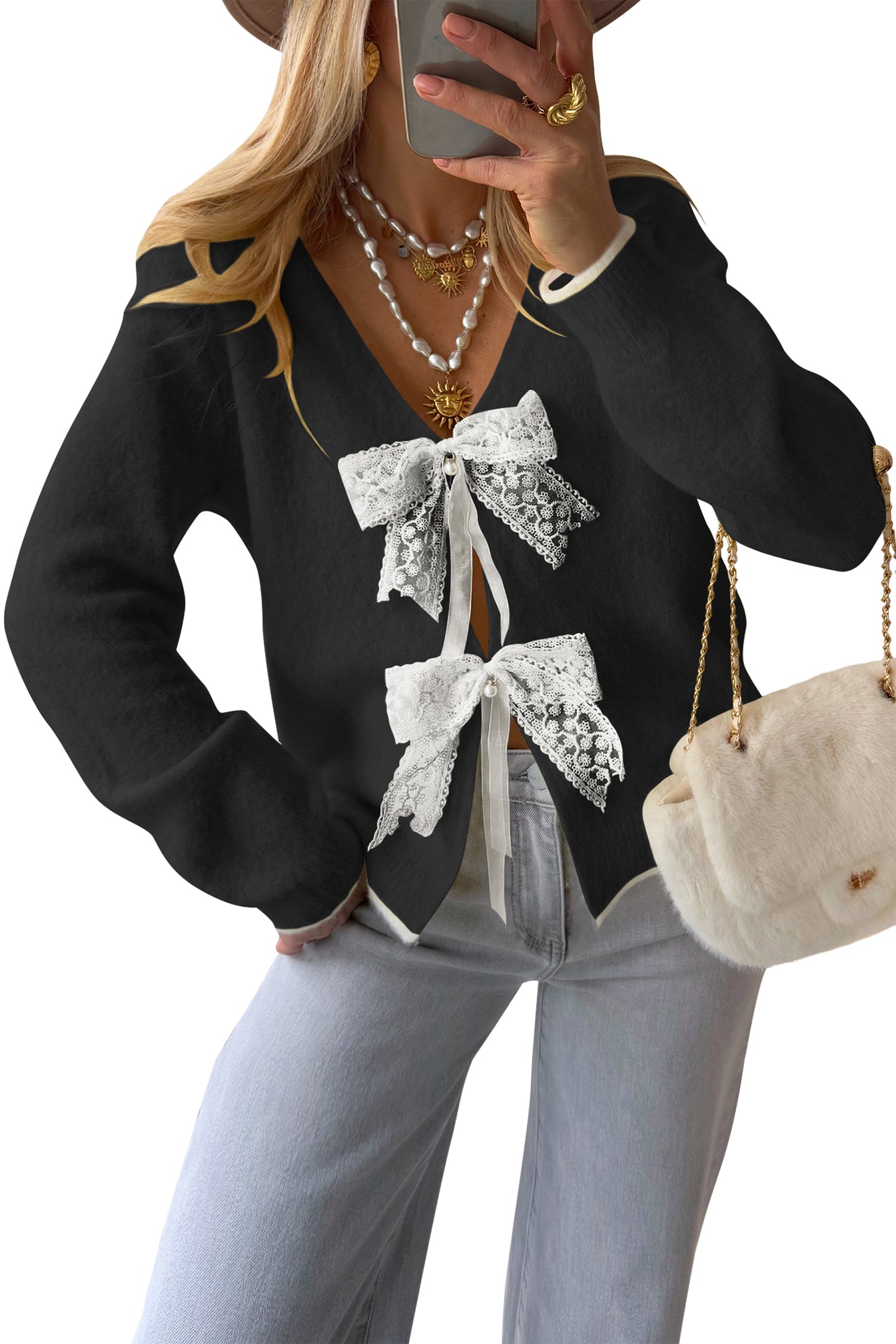 Cakulo Womens Bow Sweater Tie - Front V - Neck Lightweight Knit Crop Cardigan Fall 2025