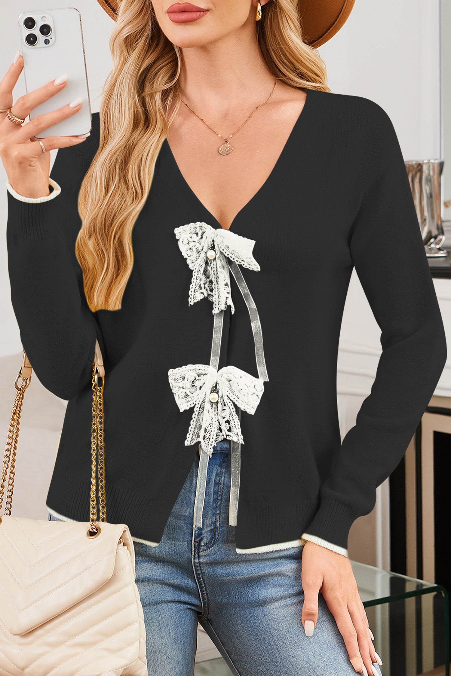 Cakulo Womens Bow Sweater Tie - Front V - Neck Lightweight Knit Crop Cardigan Fall 2025
