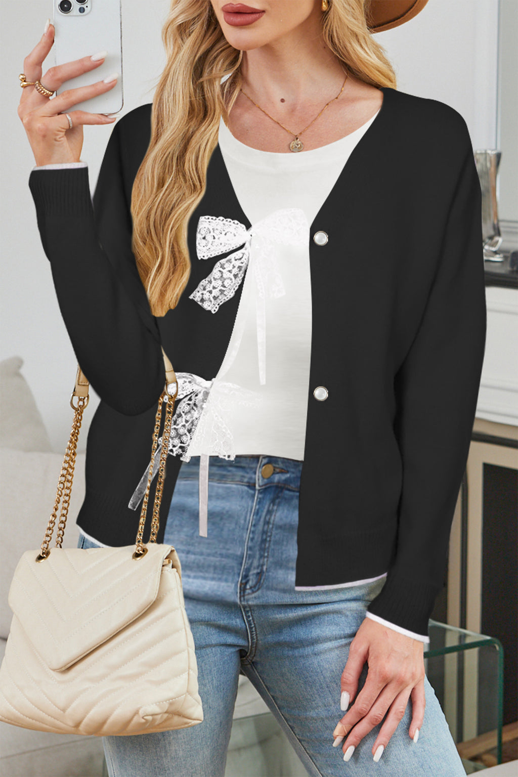 Cakulo Womens Bow Sweater Tie - Front V - Neck Lightweight Knit Crop Cardigan Fall 2025