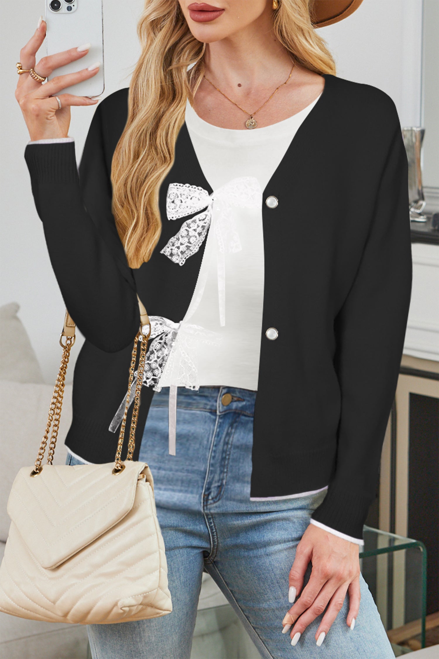 Cakulo Womens Bow Sweater Tie - Front V - Neck Lightweight Knit Crop Cardigan Fall 2025