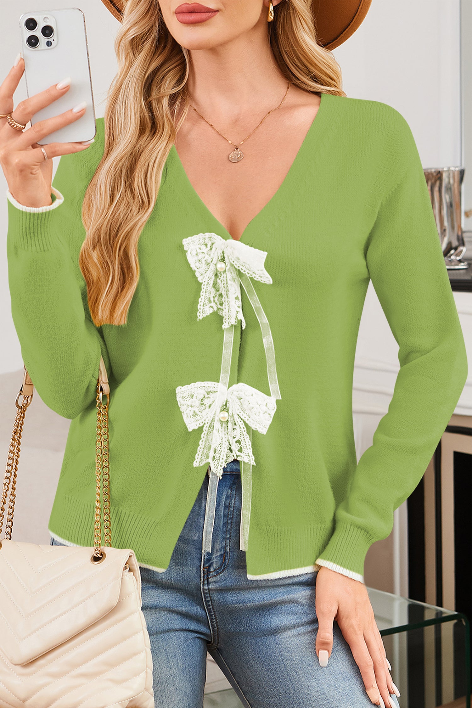 Cakulo Womens Bow Sweater Tie - Front V - Neck Lightweight Knit Crop Cardigan Fall 2025