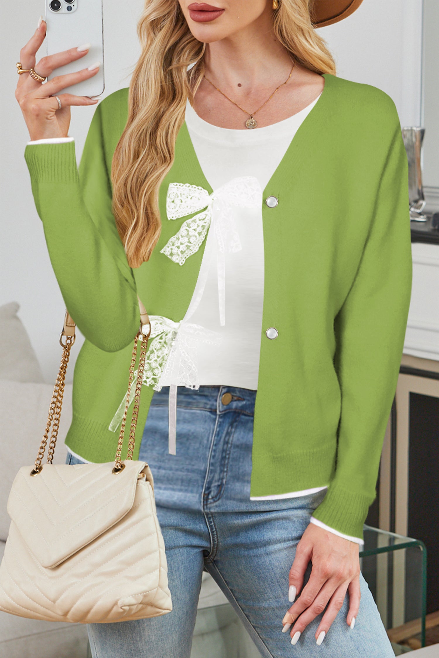 Cakulo Womens Bow Sweater Tie - Front V - Neck Lightweight Knit Crop Cardigan Fall 2025