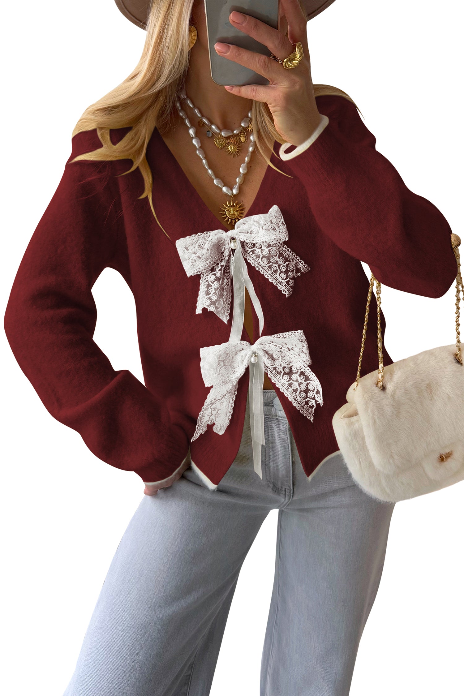Cakulo Womens Bow Sweater Tie - Front V - Neck Lightweight Knit Crop Cardigan Fall 2025