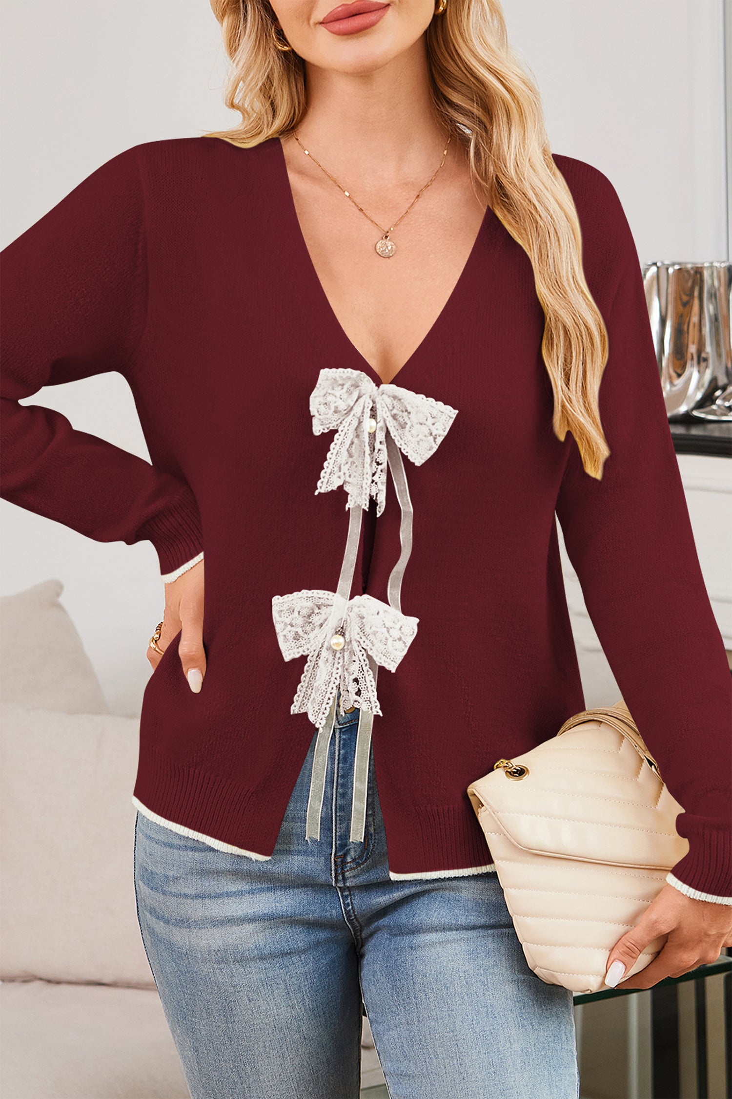 Cakulo Womens Bow Sweater Tie - Front V - Neck Lightweight Knit Crop Cardigan Fall 2025