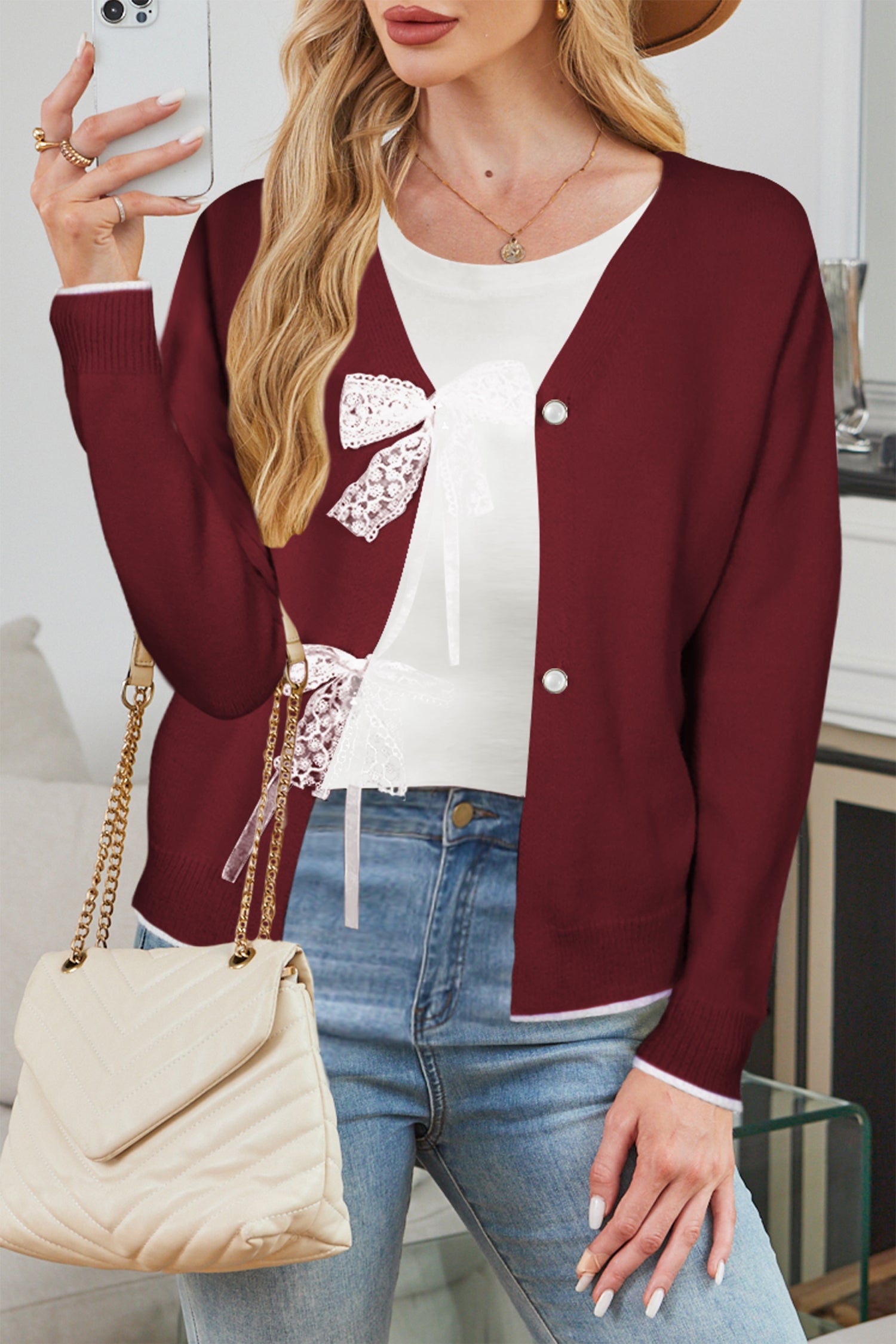 Cakulo Womens Bow Sweater Tie - Front V - Neck Lightweight Knit Crop Cardigan Fall 2025