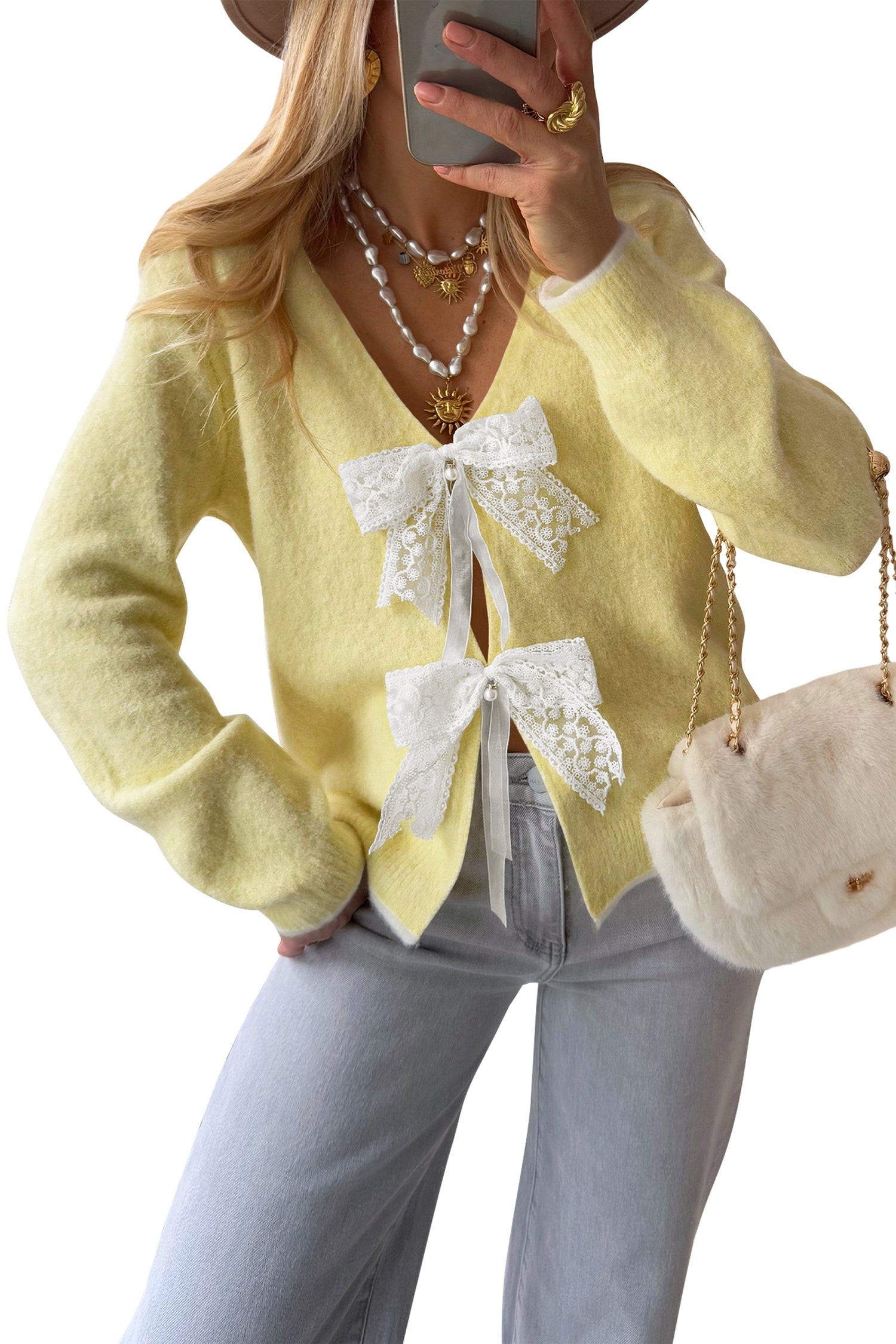 Cakulo Womens Bow Sweater Tie - Front V - Neck Lightweight Knit Crop Cardigan Fall 2025