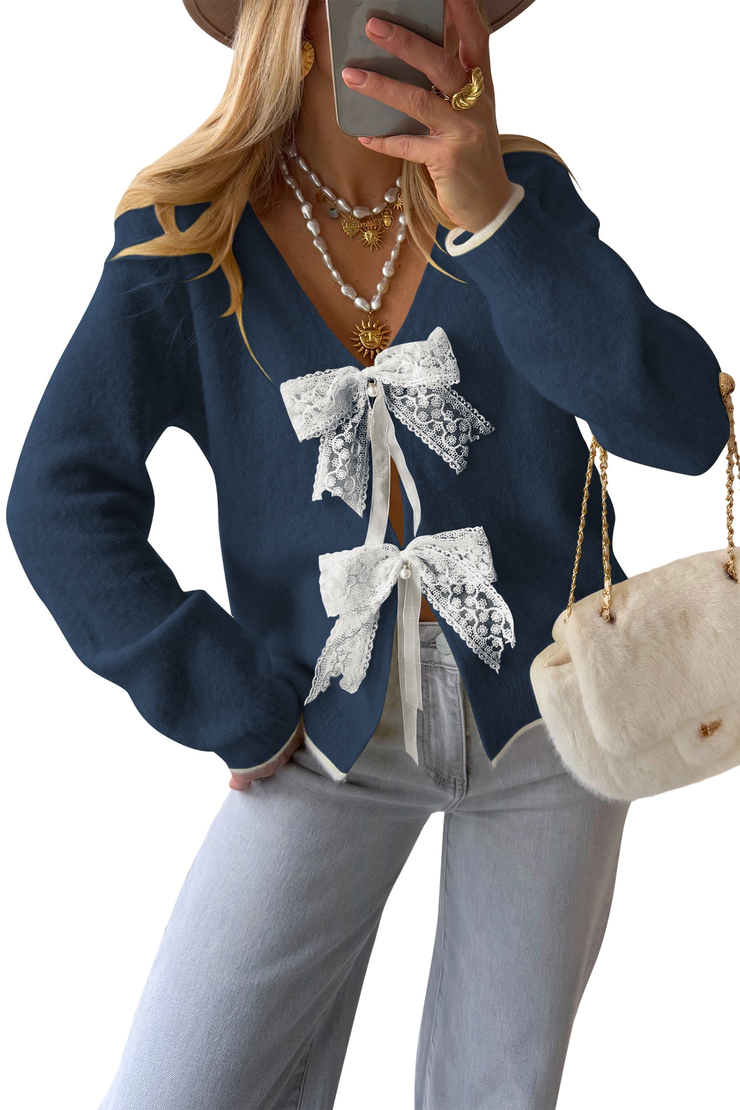 Cakulo Womens Bow Sweater Tie - Front V - Neck Lightweight Knit Crop Cardigan Fall 2025