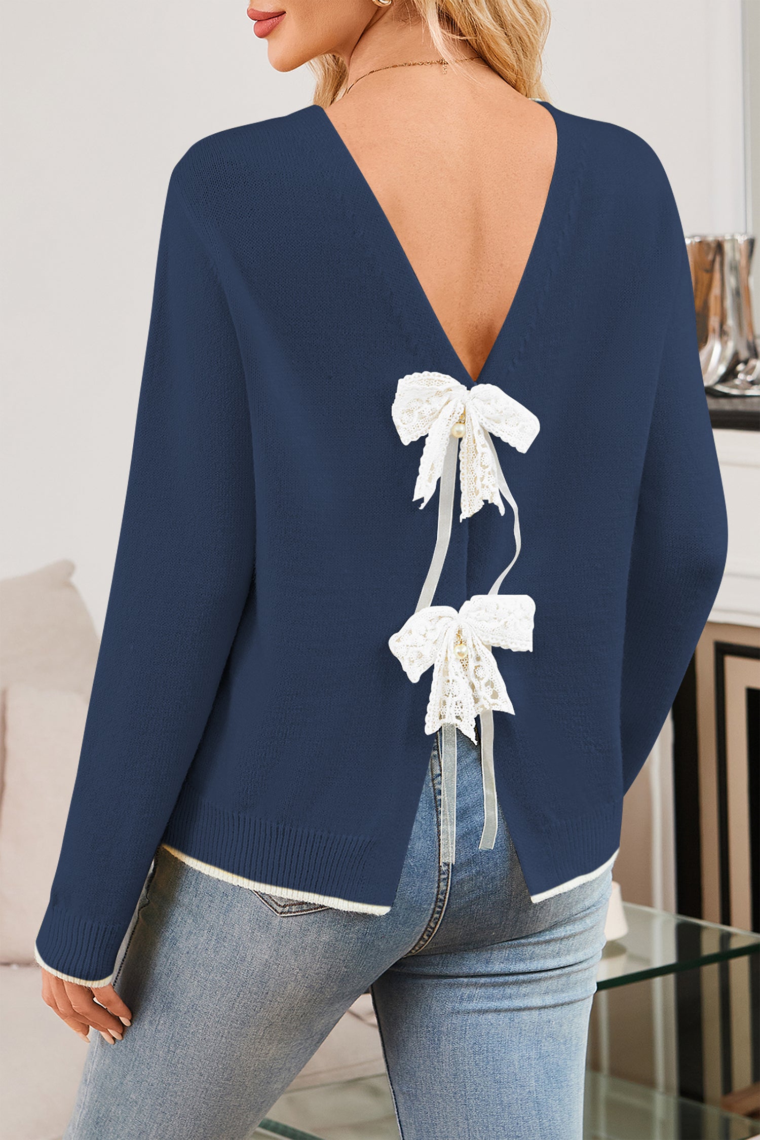 Cakulo Womens Bow Sweater Tie - Front V - Neck Lightweight Knit Crop Cardigan Fall 2025