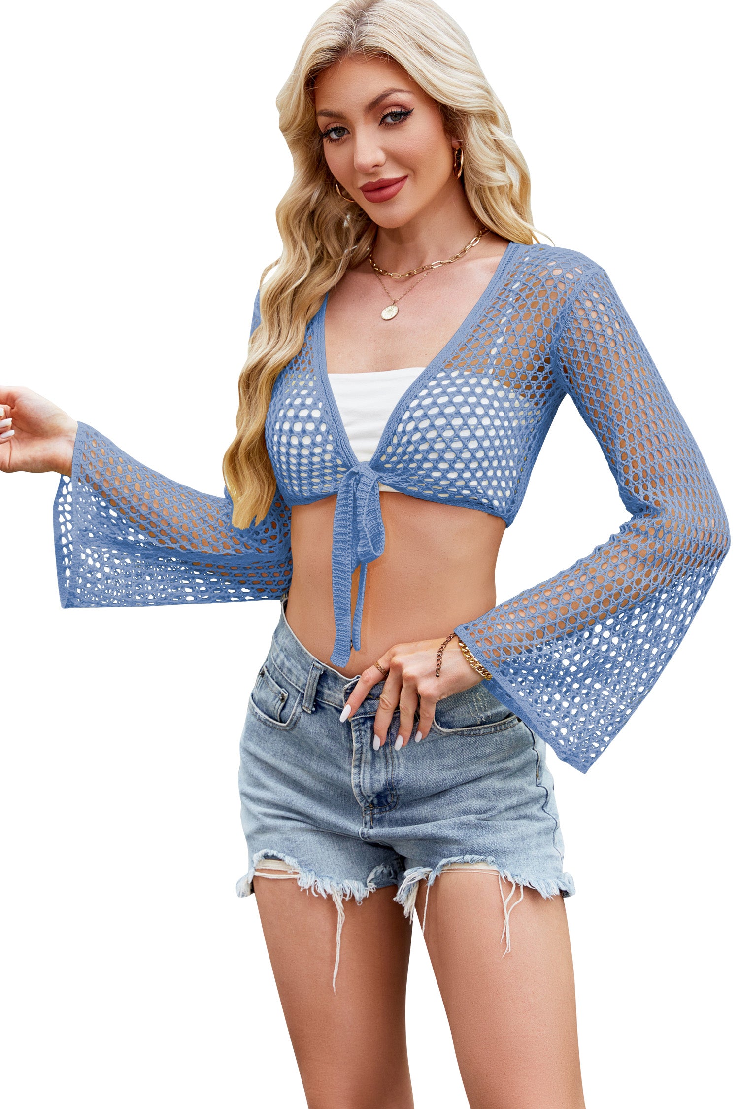Cakulo Women Bell Long Sleeve Crochet Top Tie Front Cropped Cardigan Hollow Out Knit Bolero Shrug