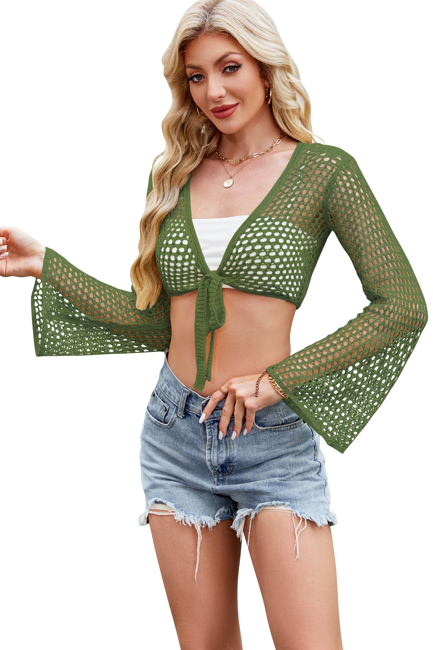 Cakulo Women Bell Long Sleeve Crochet Top Tie Front Cropped Cardigan Hollow Out Knit Bolero Shrug