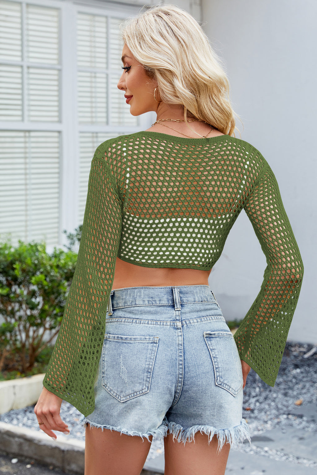 Cakulo Women Bell Long Sleeve Crochet Top Tie Front Cropped Cardigan Hollow Out Knit Bolero Shrug