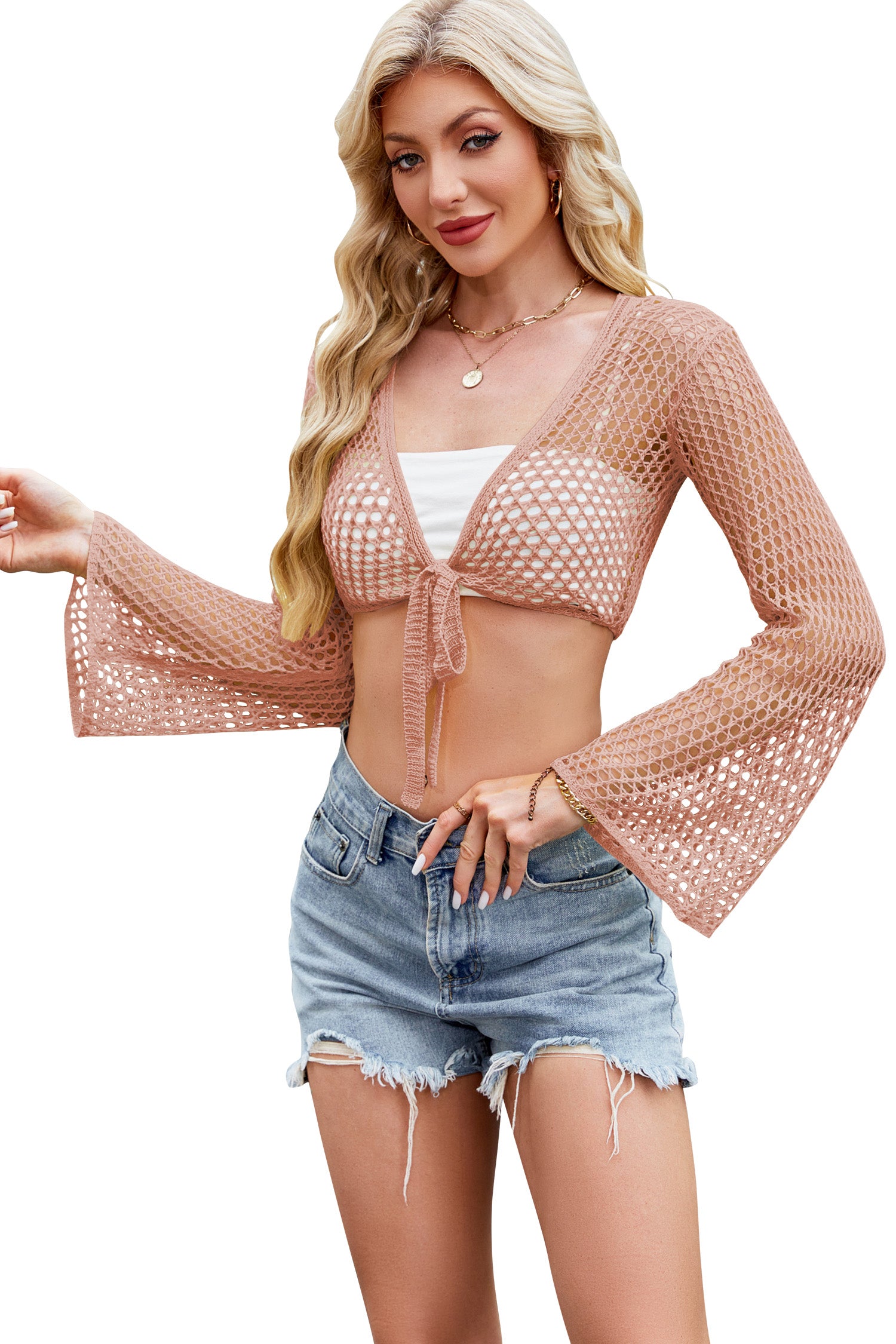 Cakulo Women Bell Long Sleeve Crochet Top Tie Front Cropped Cardigan Hollow Out Knit Bolero Shrug