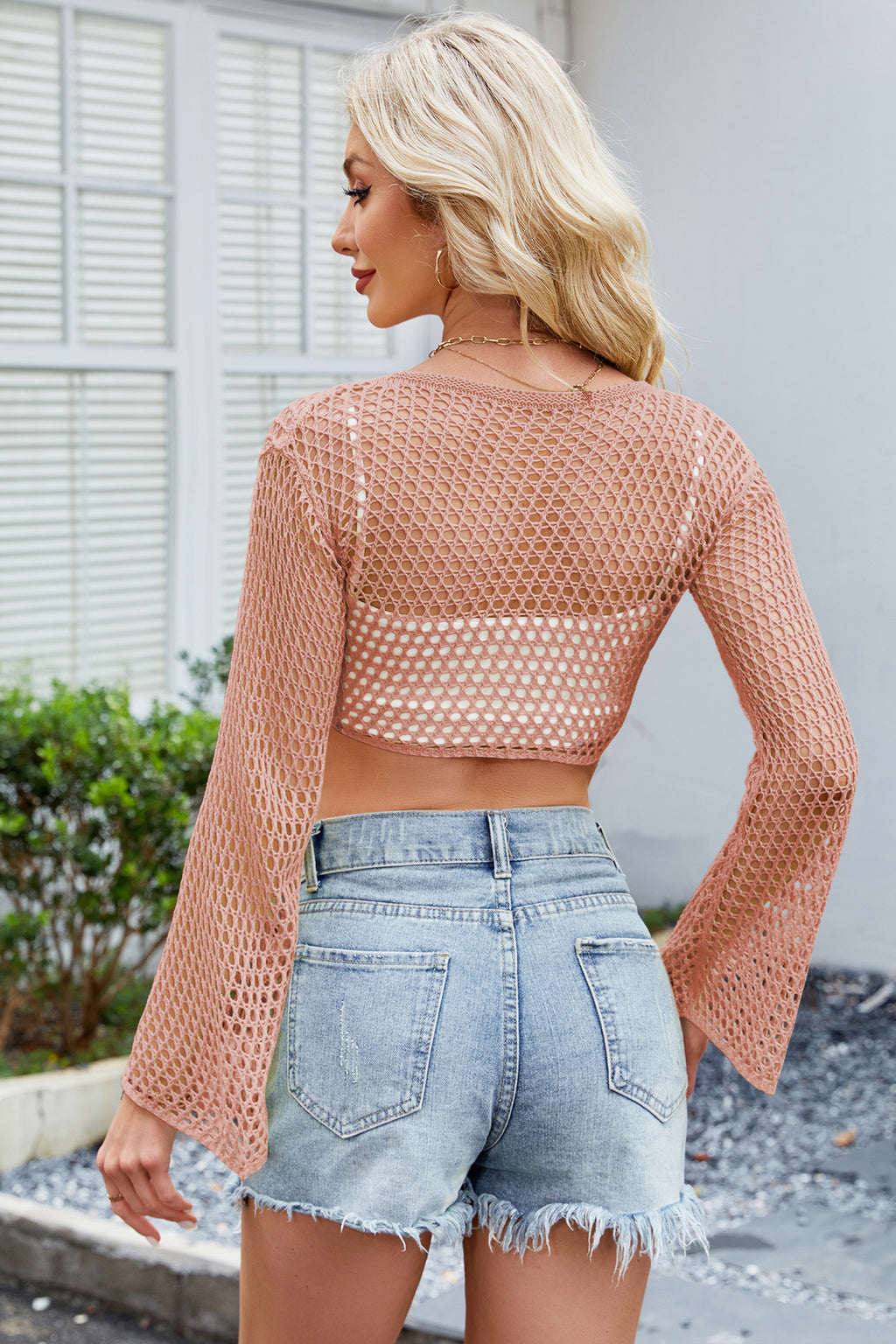 Cakulo Women Bell Long Sleeve Crochet Top Tie Front Cropped Cardigan Hollow Out Knit Bolero Shrug