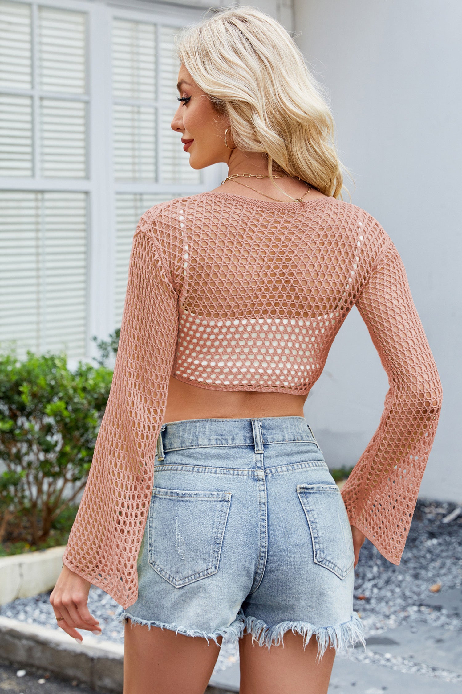 Cakulo Women Bell Long Sleeve Crochet Top Tie Front Cropped Cardigan Hollow Out Knit Bolero Shrug