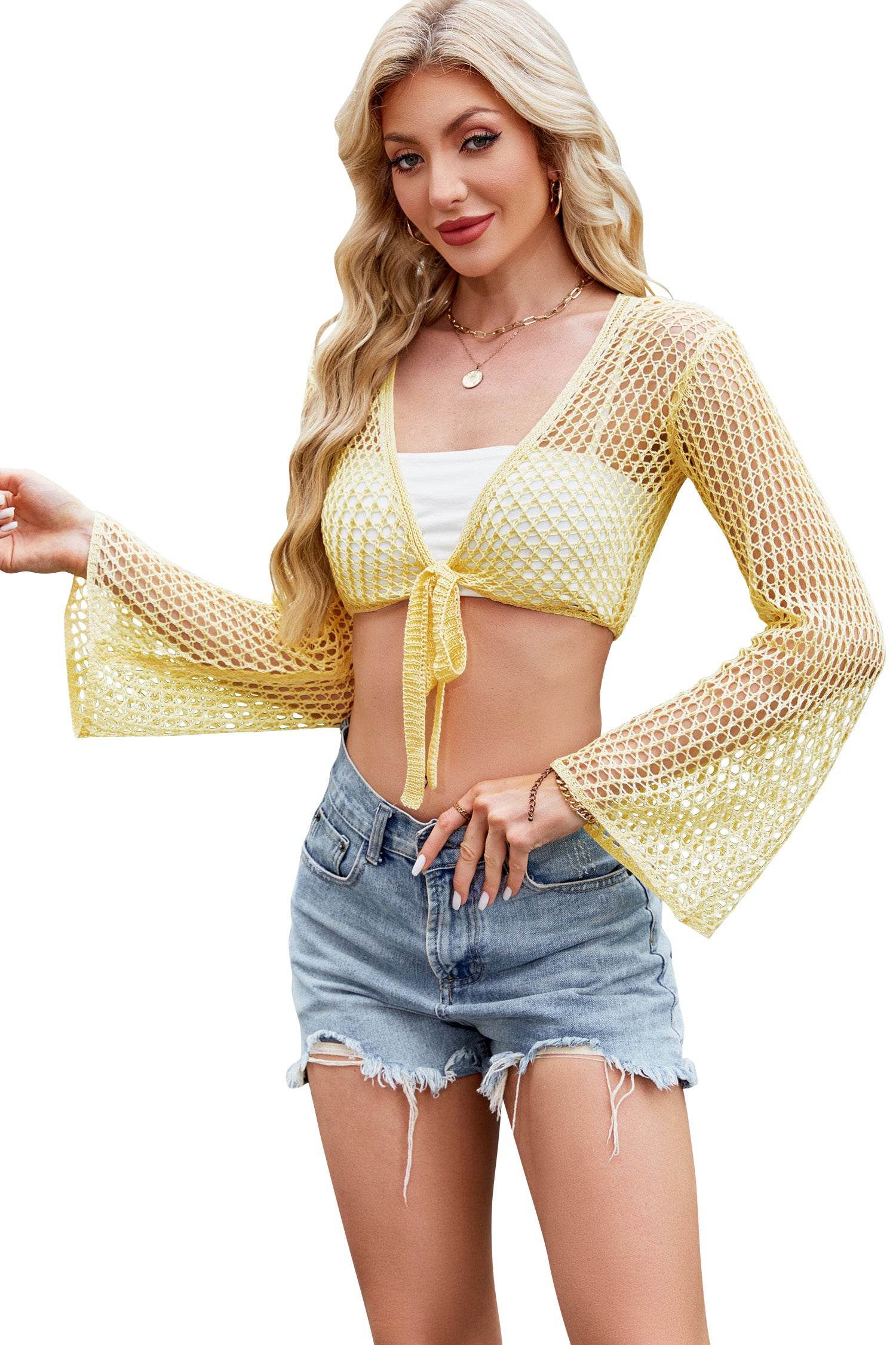 Cakulo Women Bell Long Sleeve Crochet Top Tie Front Cropped Cardigan Hollow Out Knit Bolero Shrug