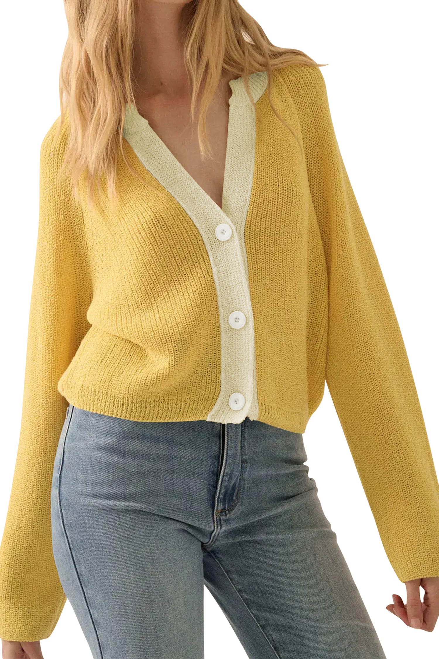 CAKULO Women Button V Neck Cardigan Sweater Contrast Knit Lightweight Long Sleeve Open Front Cropped Cardigans