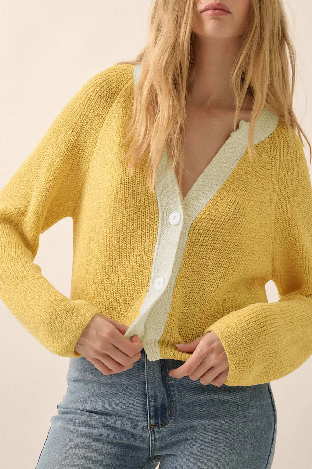 CAKULO Women Button V Neck Cardigan Sweater Contrast Knit Lightweight Long Sleeve Open Front Cropped Cardigans