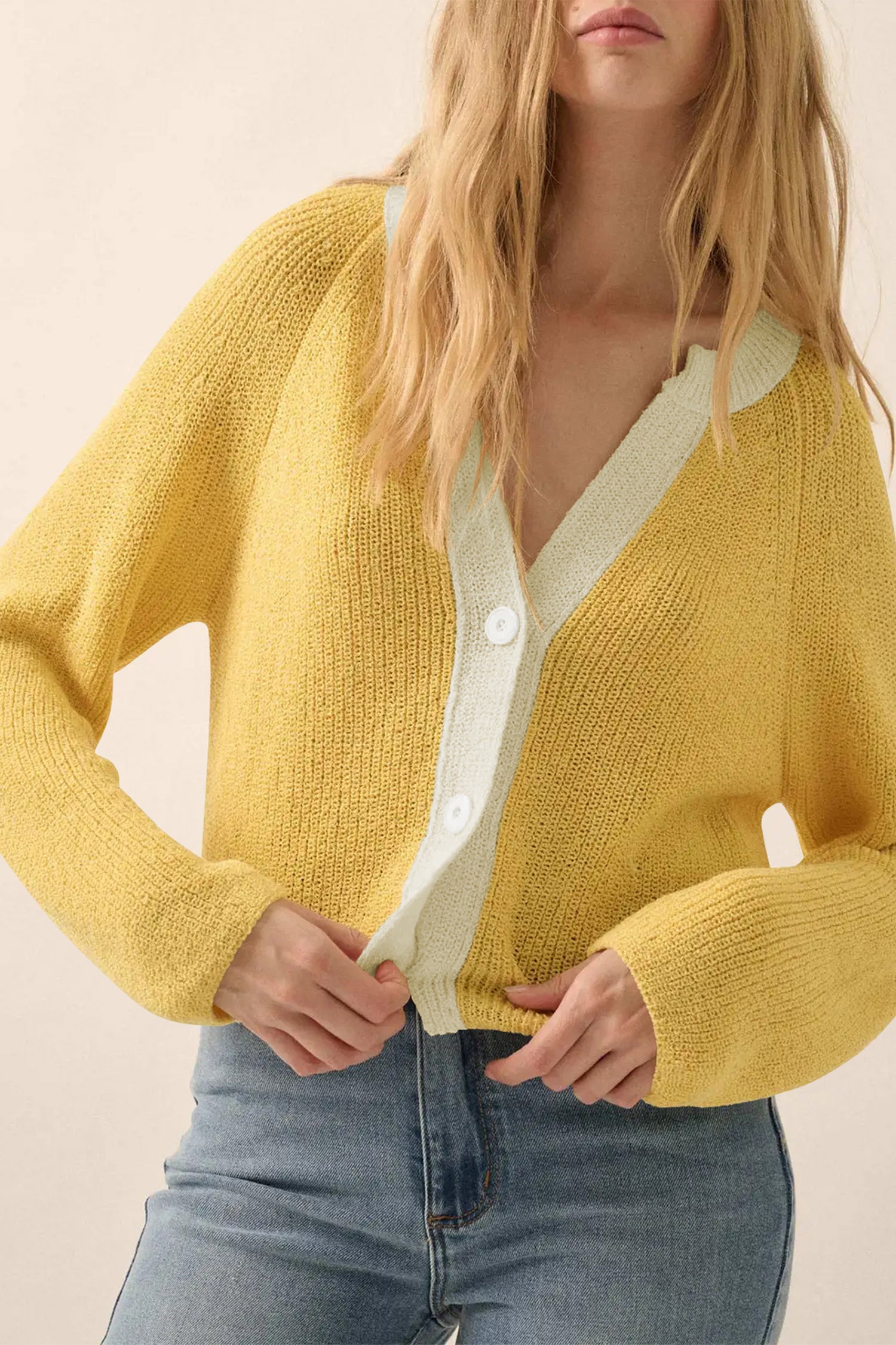CAKULO Women Button V Neck Cardigan Sweater Contrast Knit Lightweight Long Sleeve Open Front Cropped Cardigans