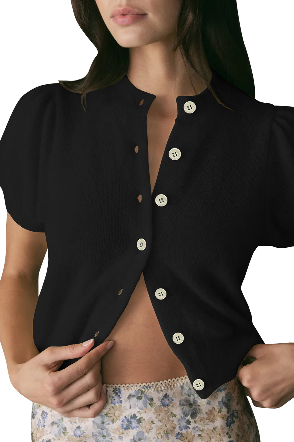Cakulo Puff Short Sleeve Cardigan Sweaters Cropped Button up Lightweight Y2k Knit Summer Cardigans