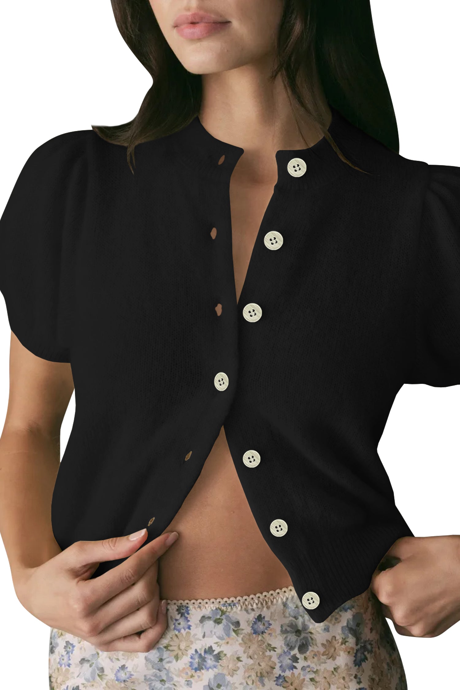 Cakulo Puff Short Sleeve Cardigan Sweaters Cropped Button up Lightweight Y2k Knit Summer Cardigans