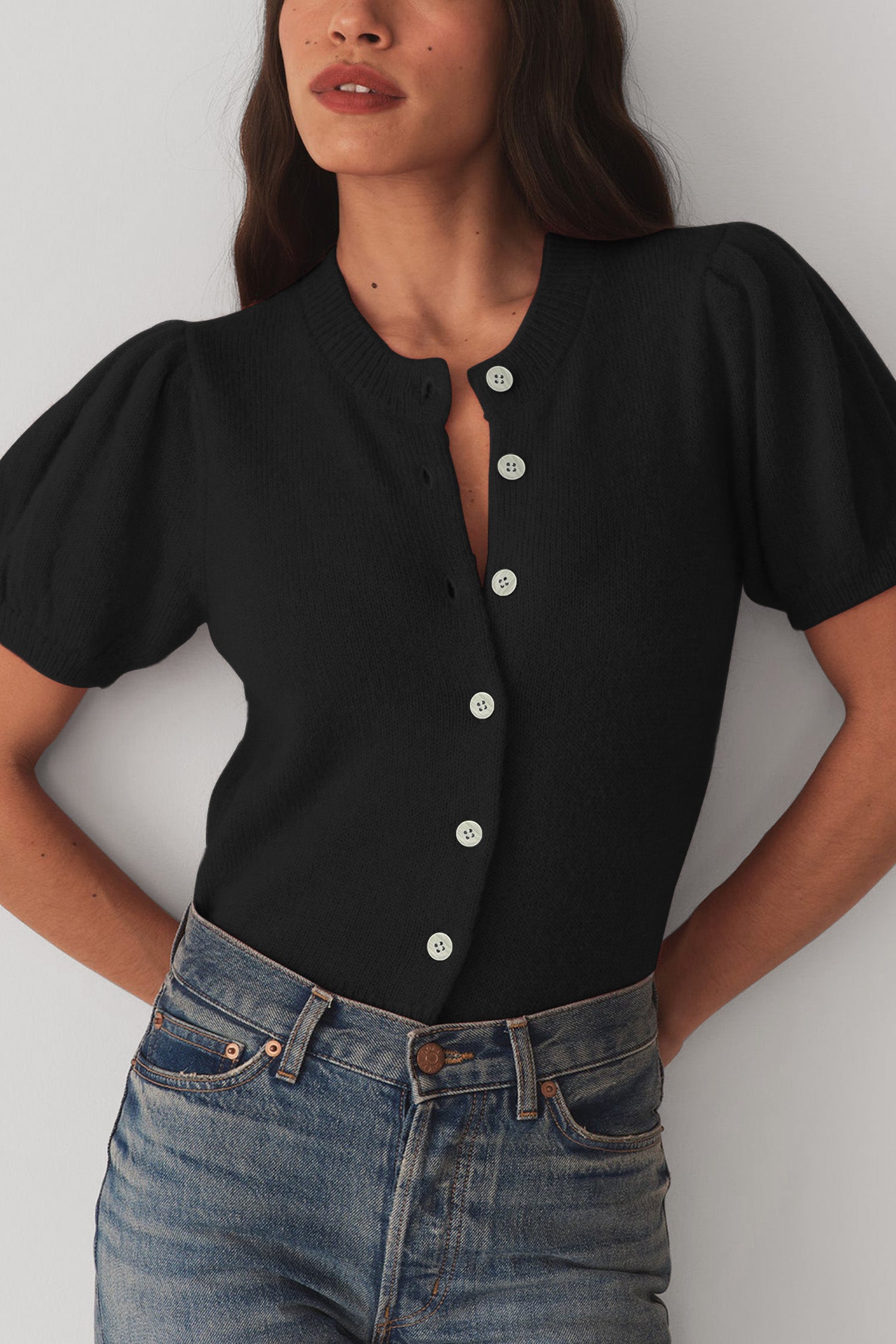 Cakulo Puff Short Sleeve Cardigan Sweaters Cropped Button up Lightweight Y2k Knit Summer Cardigans