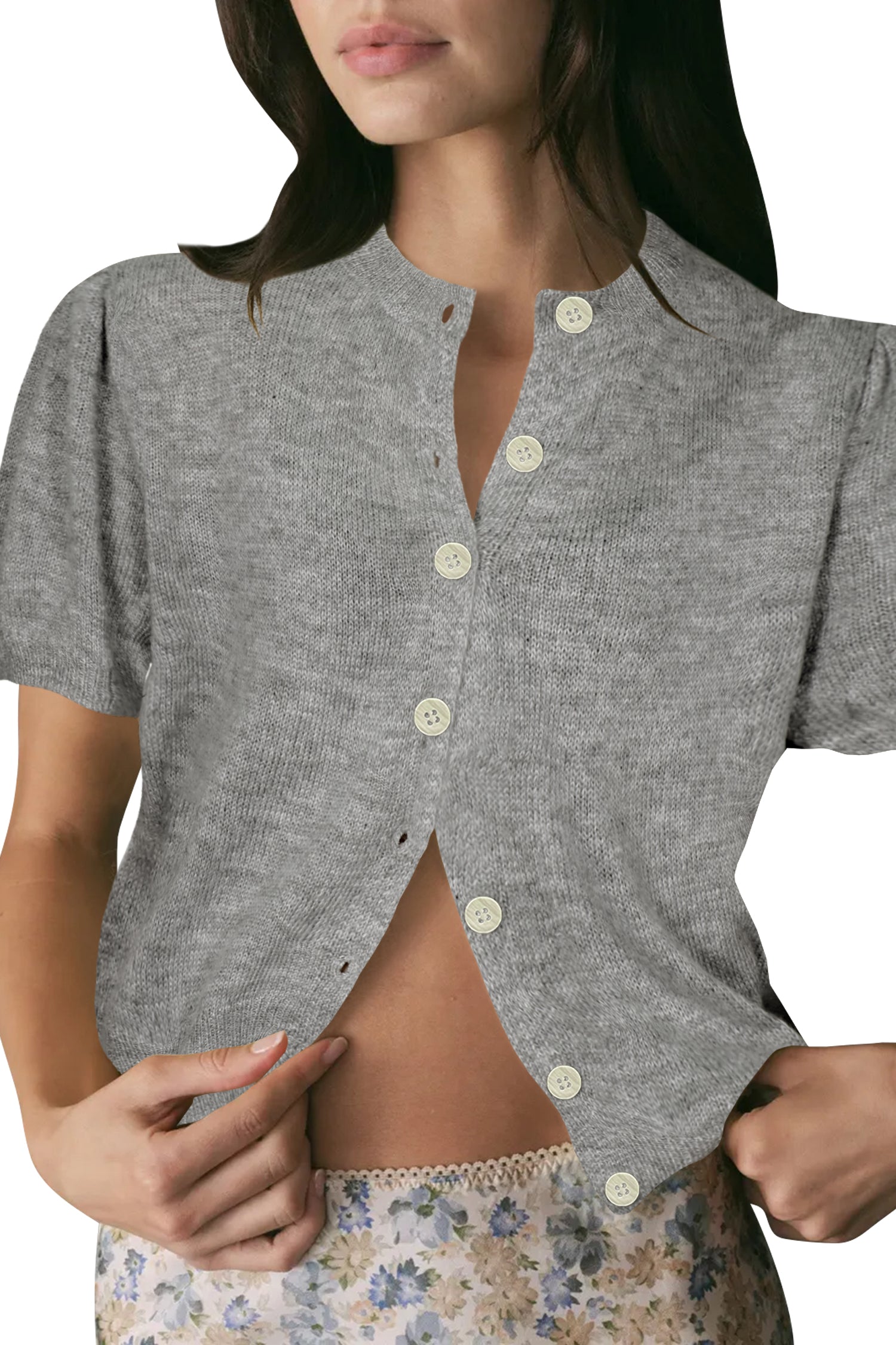 Cakulo Puff Short Sleeve Cardigan Sweaters Cropped Button up Lightweight Y2k Knit Summer Cardigans