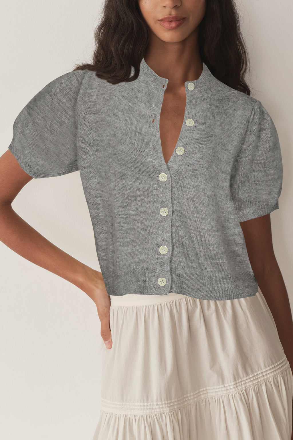 Cakulo Puff Short Sleeve Cardigan Sweaters Cropped Button up Lightweight Y2k Knit Summer Cardigans