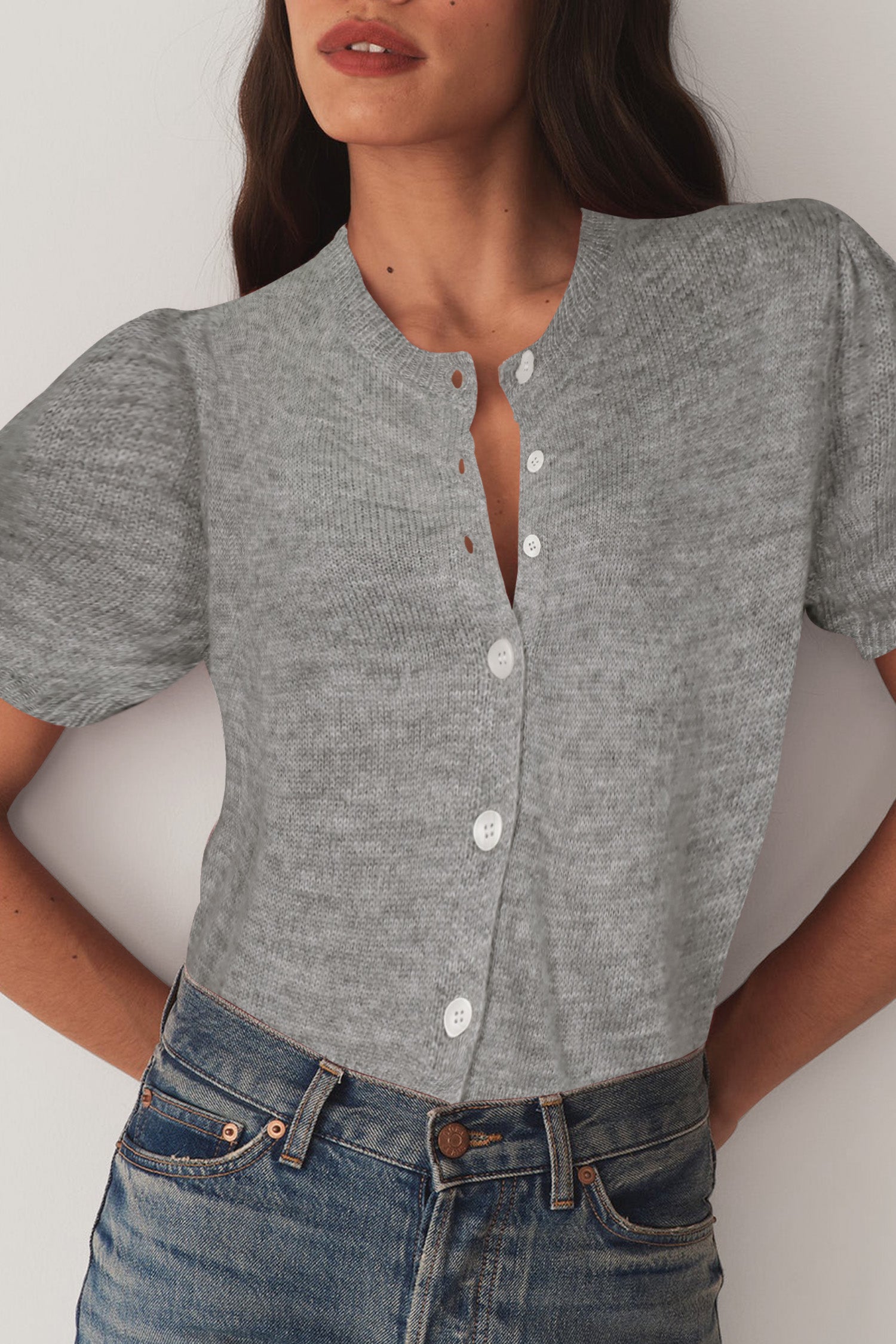 Cakulo Puff Short Sleeve Cardigan Sweaters Cropped Button up Lightweight Y2k Knit Summer Cardigans