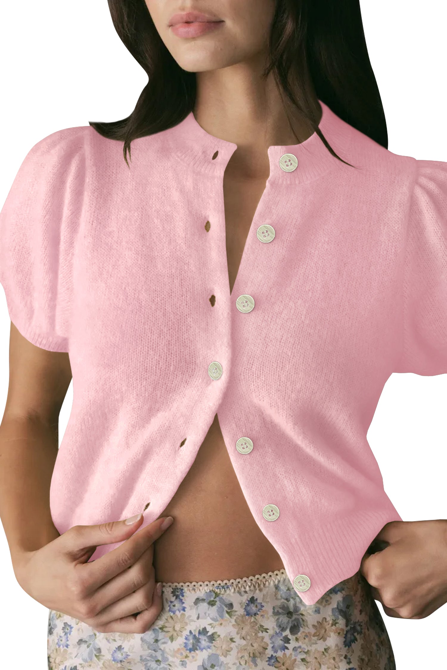Cakulo Puff Short Sleeve Cardigan Sweaters Cropped Button up Lightweight Y2k Knit Summer Cardigans