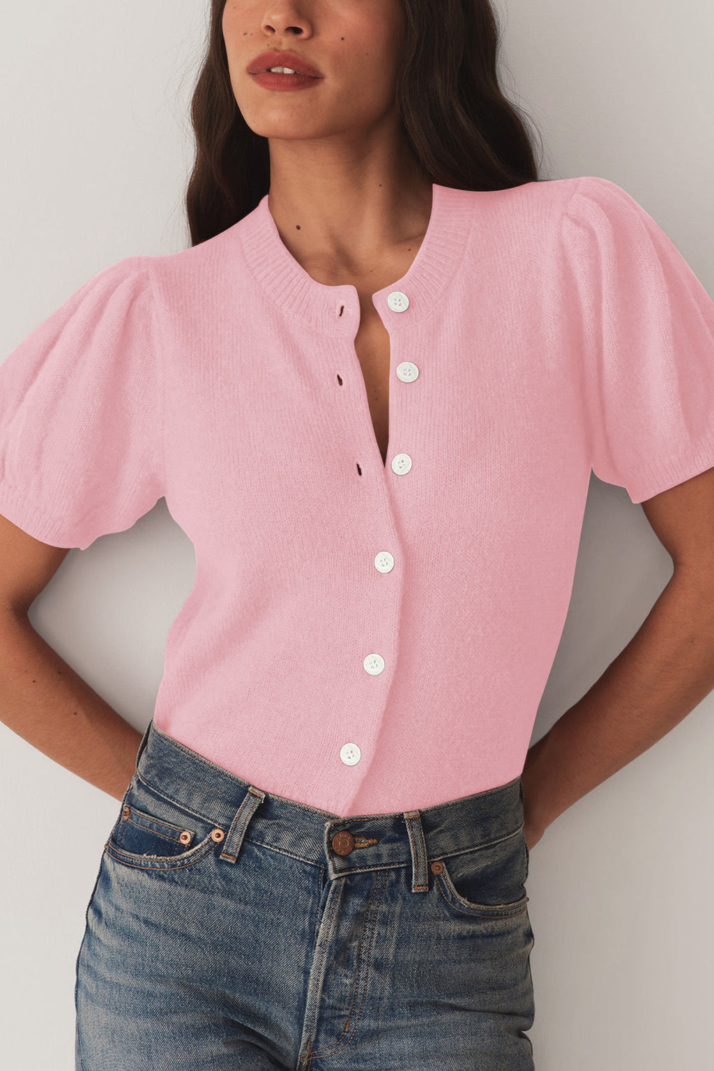 Cakulo Puff Short Sleeve Cardigan Sweaters Cropped Button up Lightweight Y2k Knit Summer Cardigans